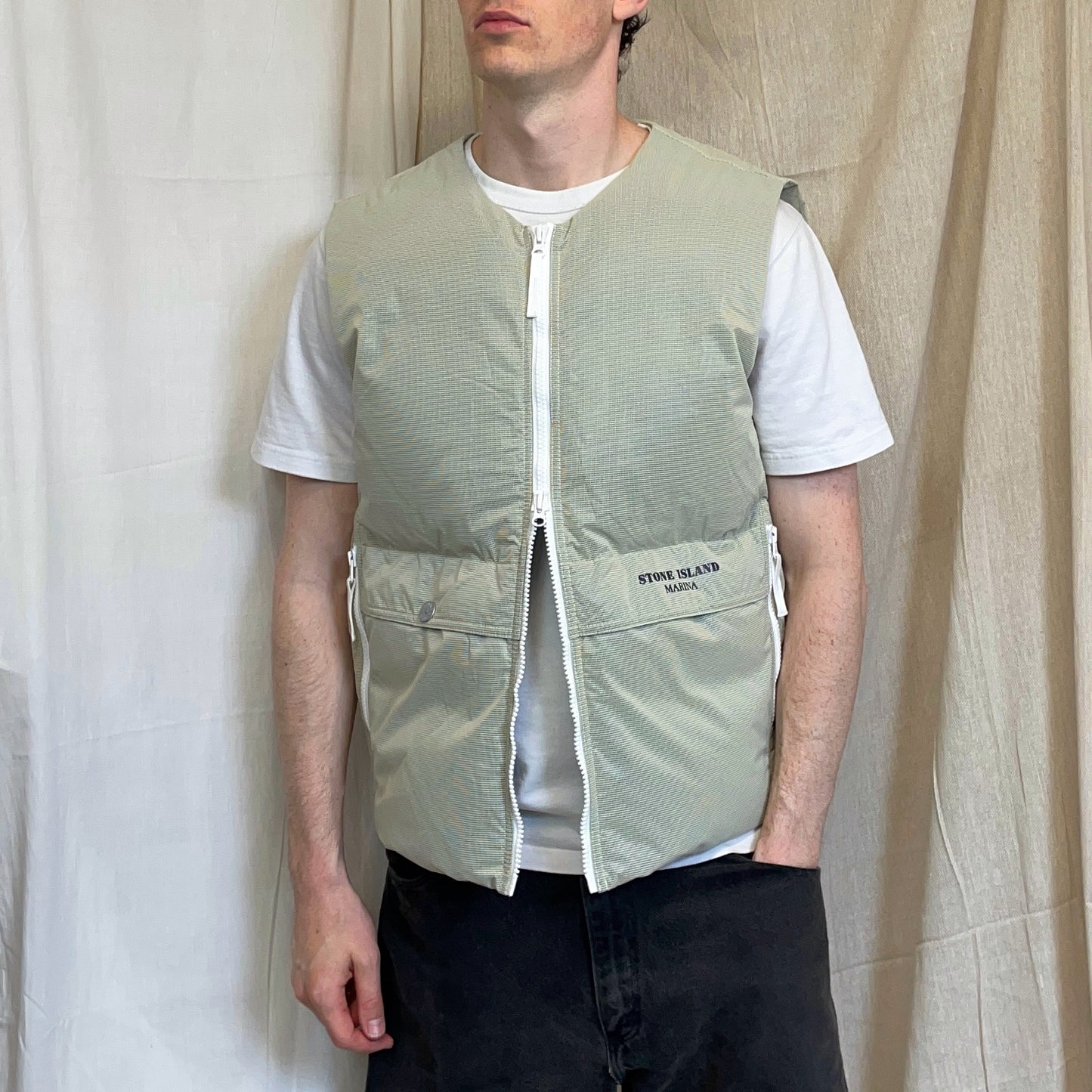 Stone Island Mint Green & White AW24 Ripstop Cover Down S.I. Marina Gilet