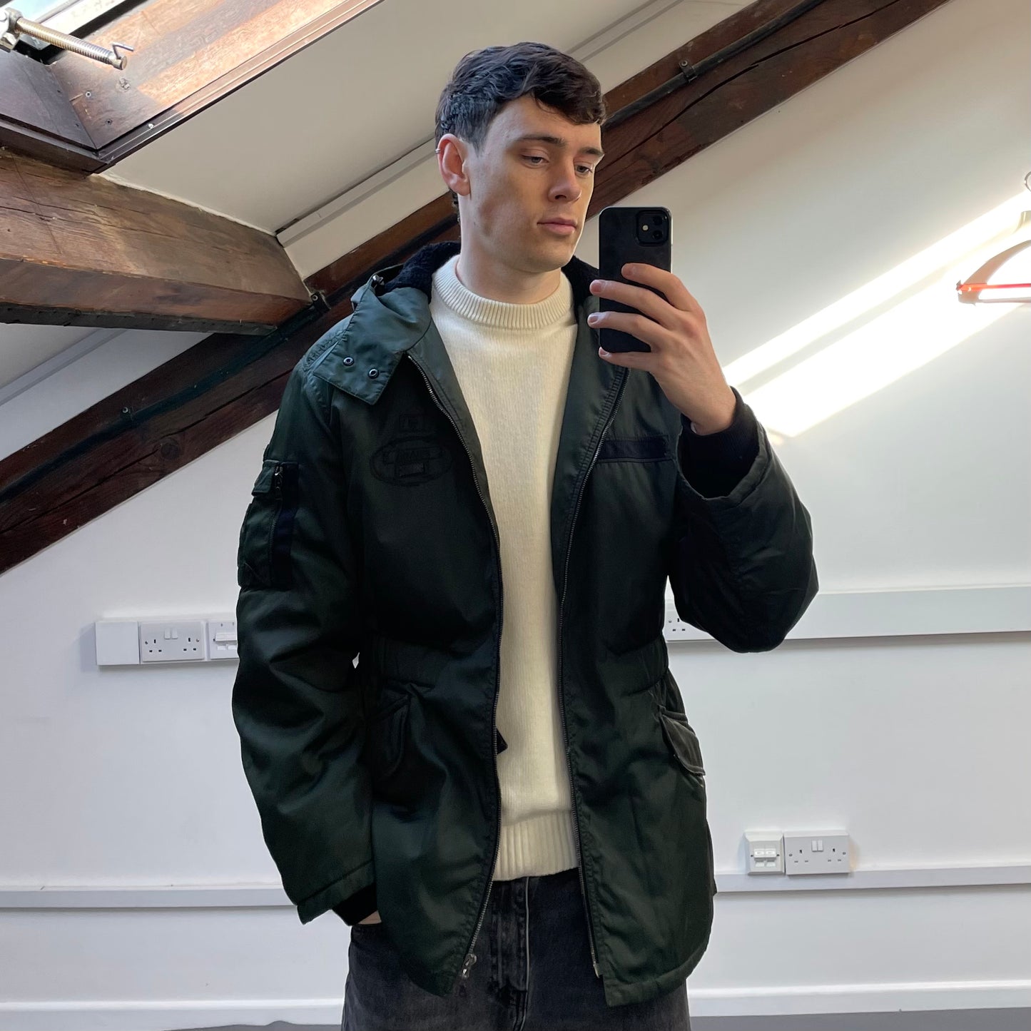 Prada Milano Green 2006 Nylon Sheep Fur Ski-Style Utility Hooded Jacket
