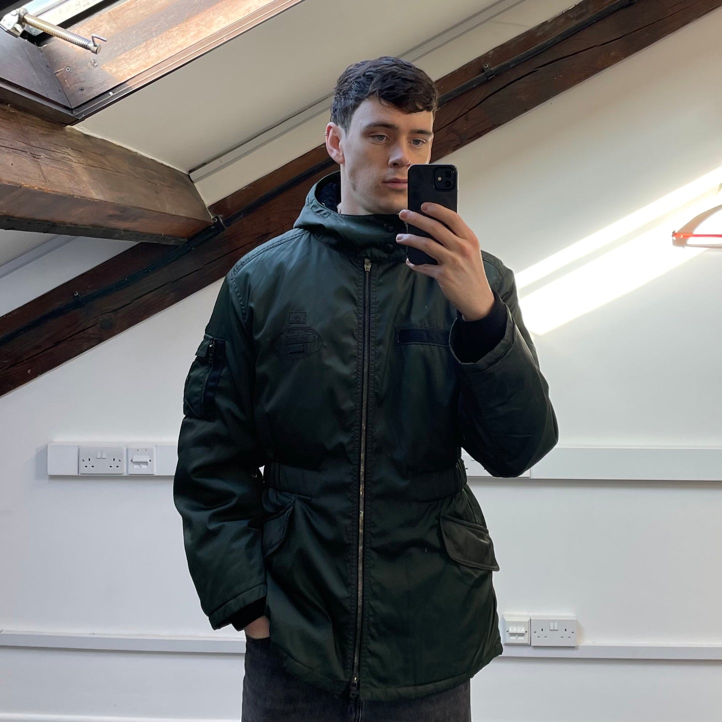 Prada Milano Green 2006 Nylon Sheep Fur Ski-Style Utility Hooded Jacket