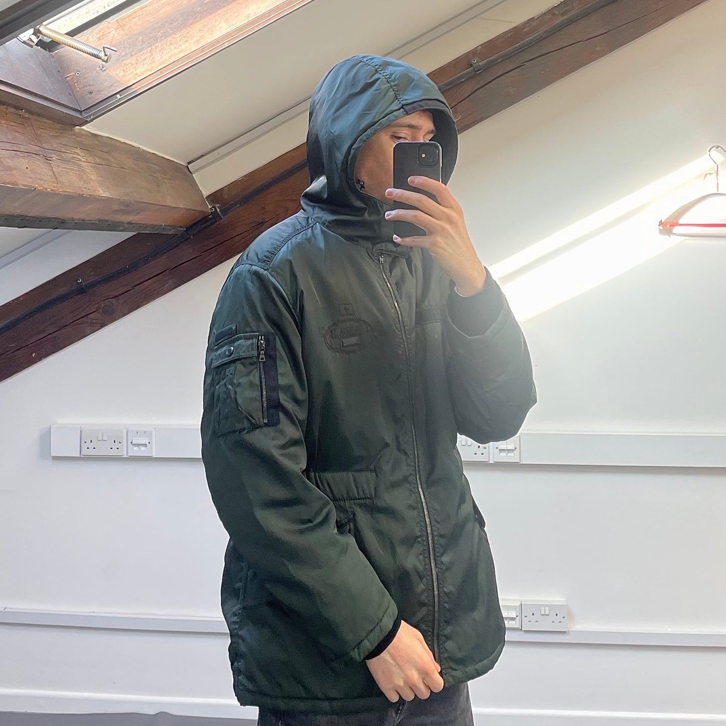 Prada Milano Green 2006 Nylon Sheep Fur Ski-Style Utility Hooded Jacket