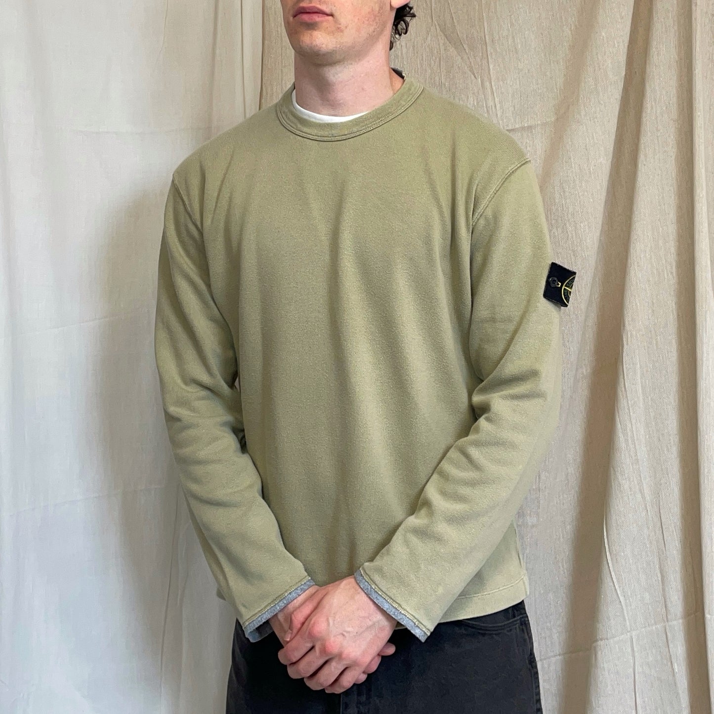 Stone Island Olive Green AW03 Cotton Collar & Cuff Trim Jumper