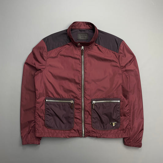 Prada Milano Mainline Burgundy 2013 Plaque Nylon Leather Trim Track Jacket