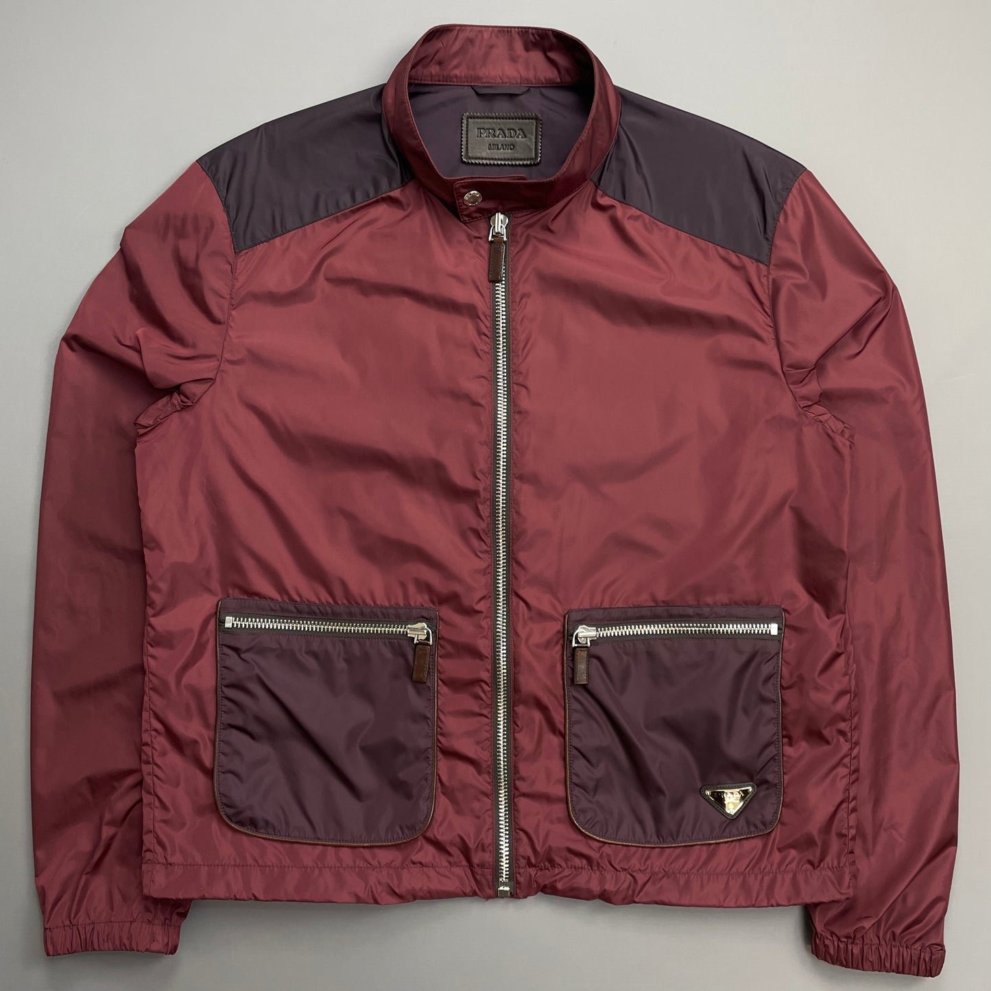 Prada Milano Mainline Burgundy 2013 Plaque Nylon Leather Trim Track Jacket