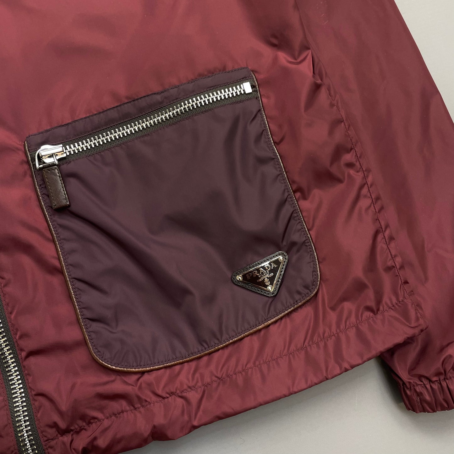 Prada Milano Mainline Burgundy 2013 Plaque Nylon Leather Trim Track Jacket