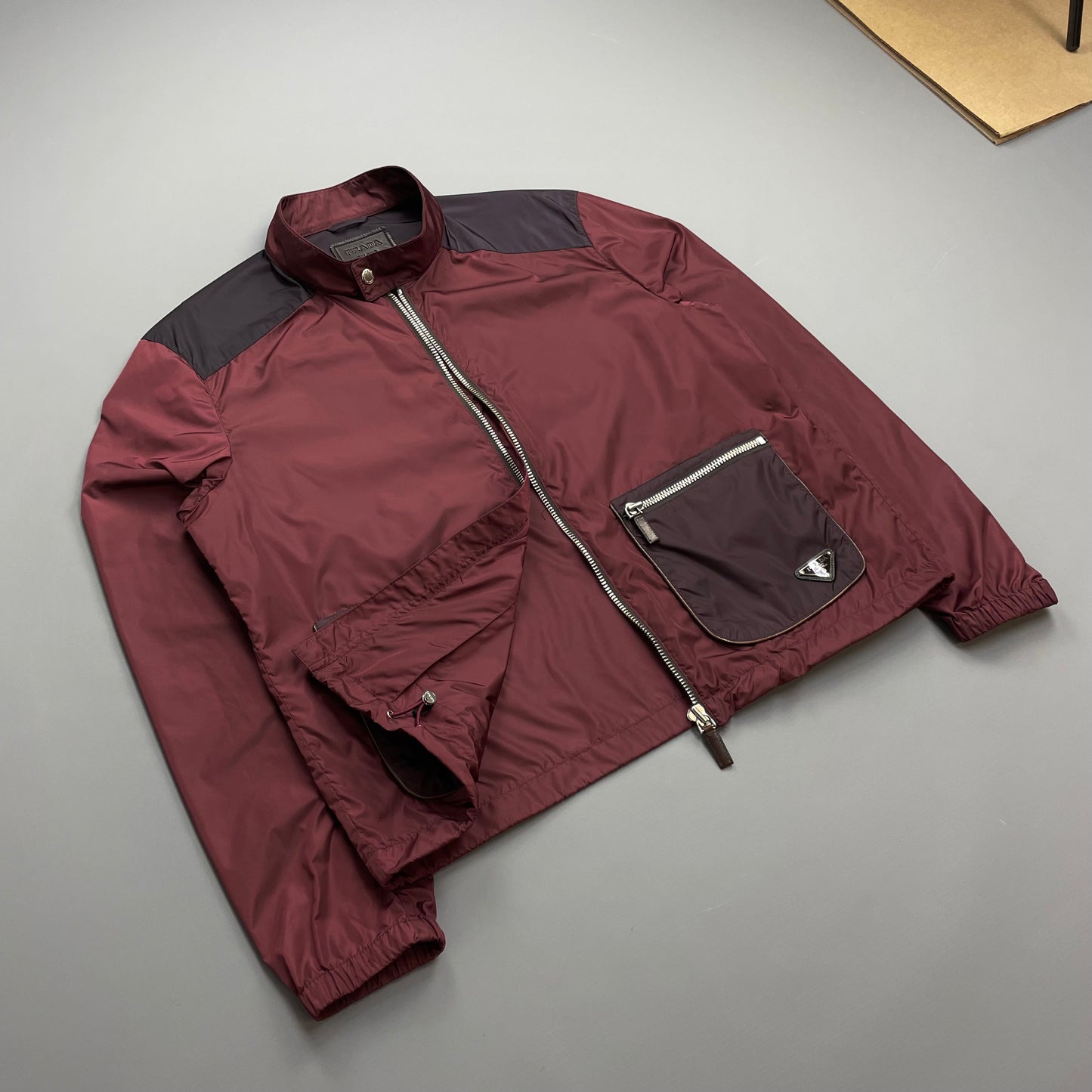 Prada Milano Mainline Burgundy 2013 Plaque Nylon Leather Trim Track Jacket