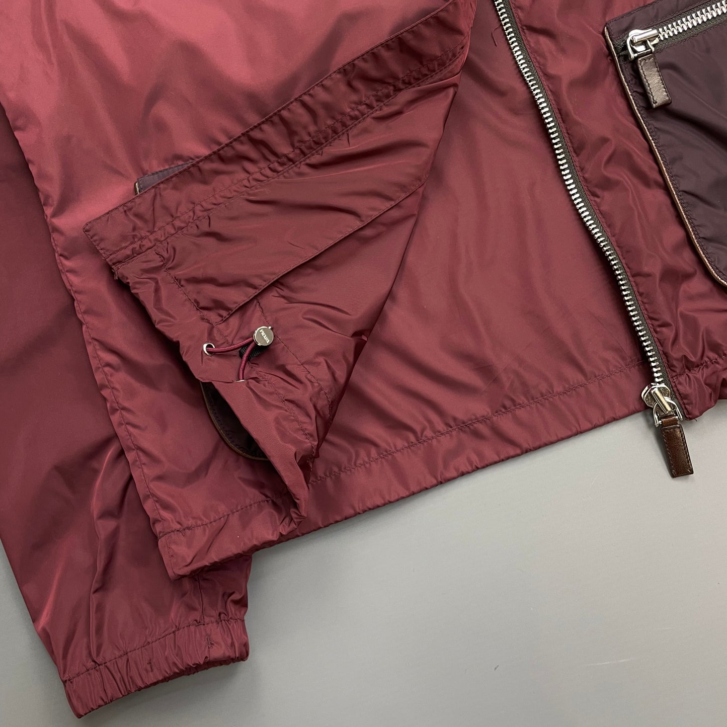 Prada Milano Mainline Burgundy 2013 Plaque Nylon Leather Trim Track Jacket