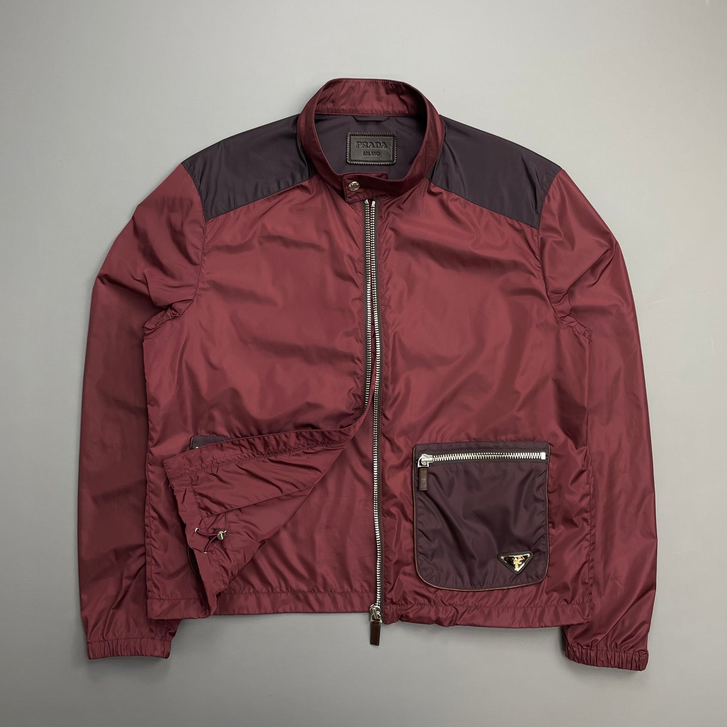 Prada Milano Mainline Burgundy 2013 Plaque Nylon Leather Trim Track Jacket