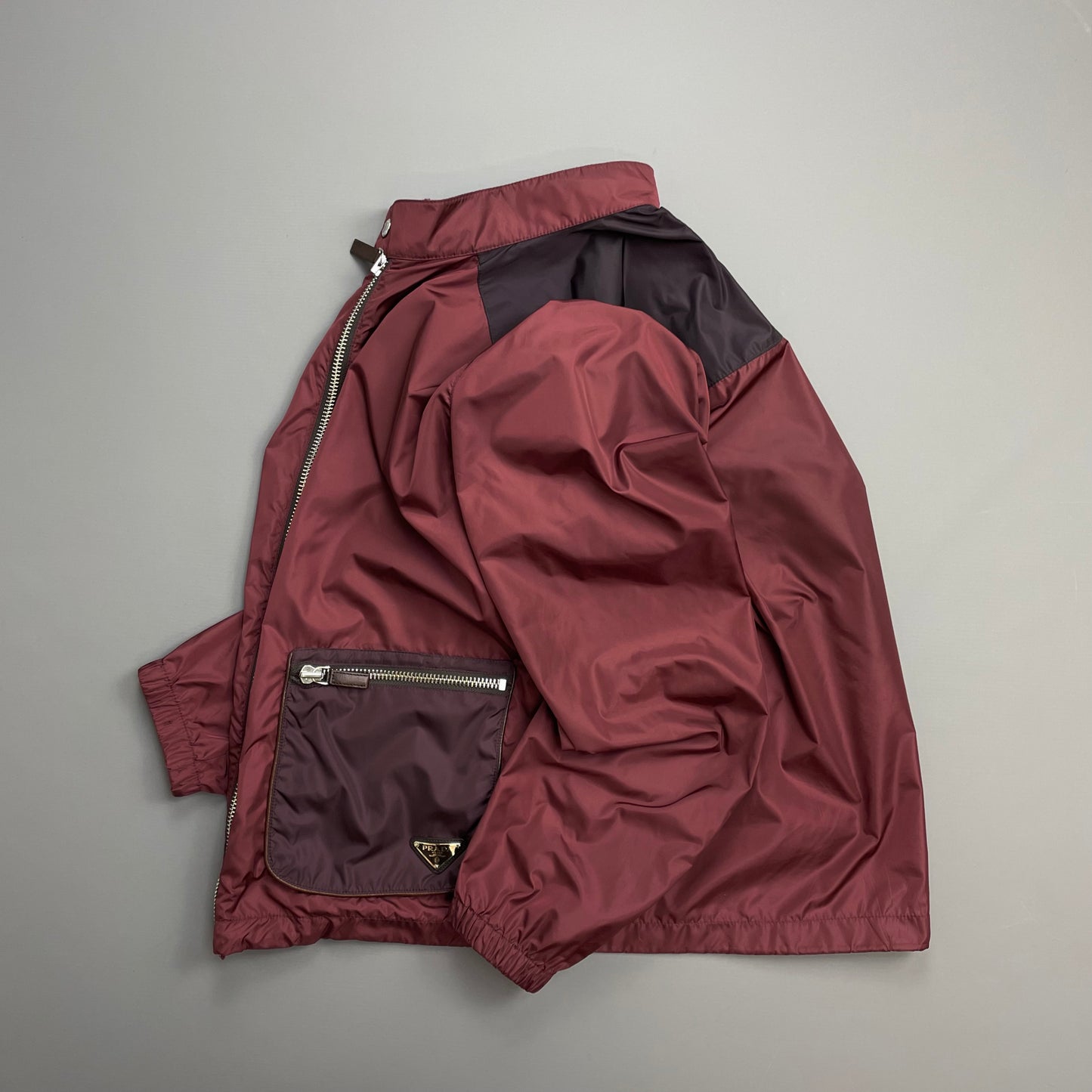 Prada Milano Mainline Burgundy 2013 Plaque Nylon Leather Trim Track Jacket