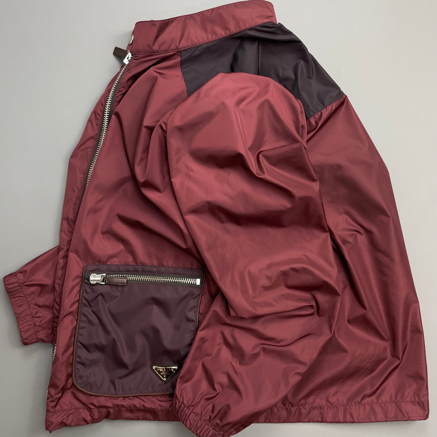 Prada Milano Mainline Burgundy 2013 Plaque Nylon Leather Trim Track Jacket