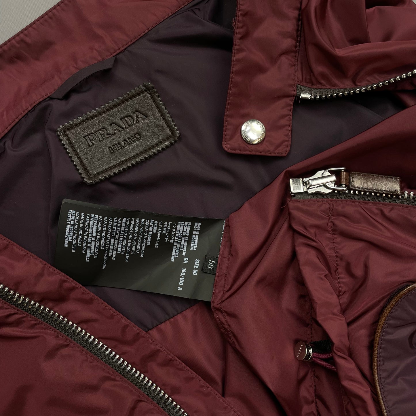 Prada Milano Mainline Burgundy 2013 Plaque Nylon Leather Trim Track Jacket