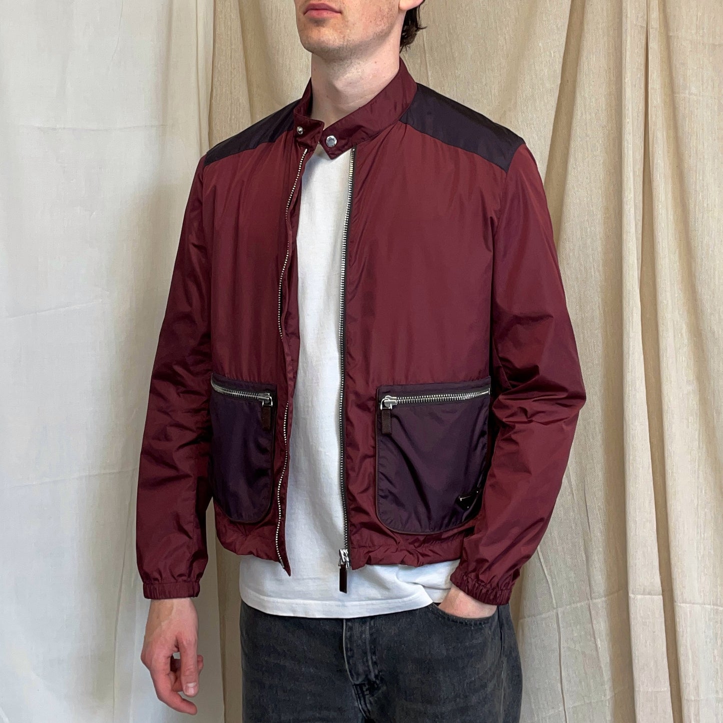 Prada Milano Mainline Burgundy 2013 Plaque Nylon Leather Trim Track Jacket