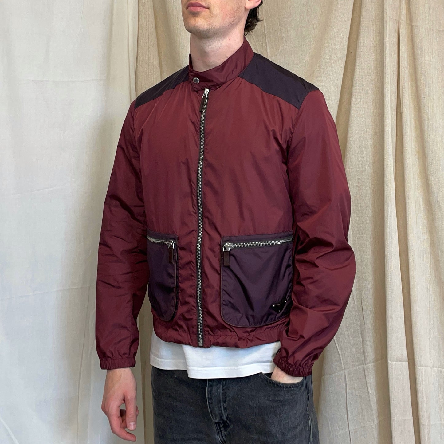 Prada Milano Mainline Burgundy 2013 Plaque Nylon Leather Trim Track Jacket