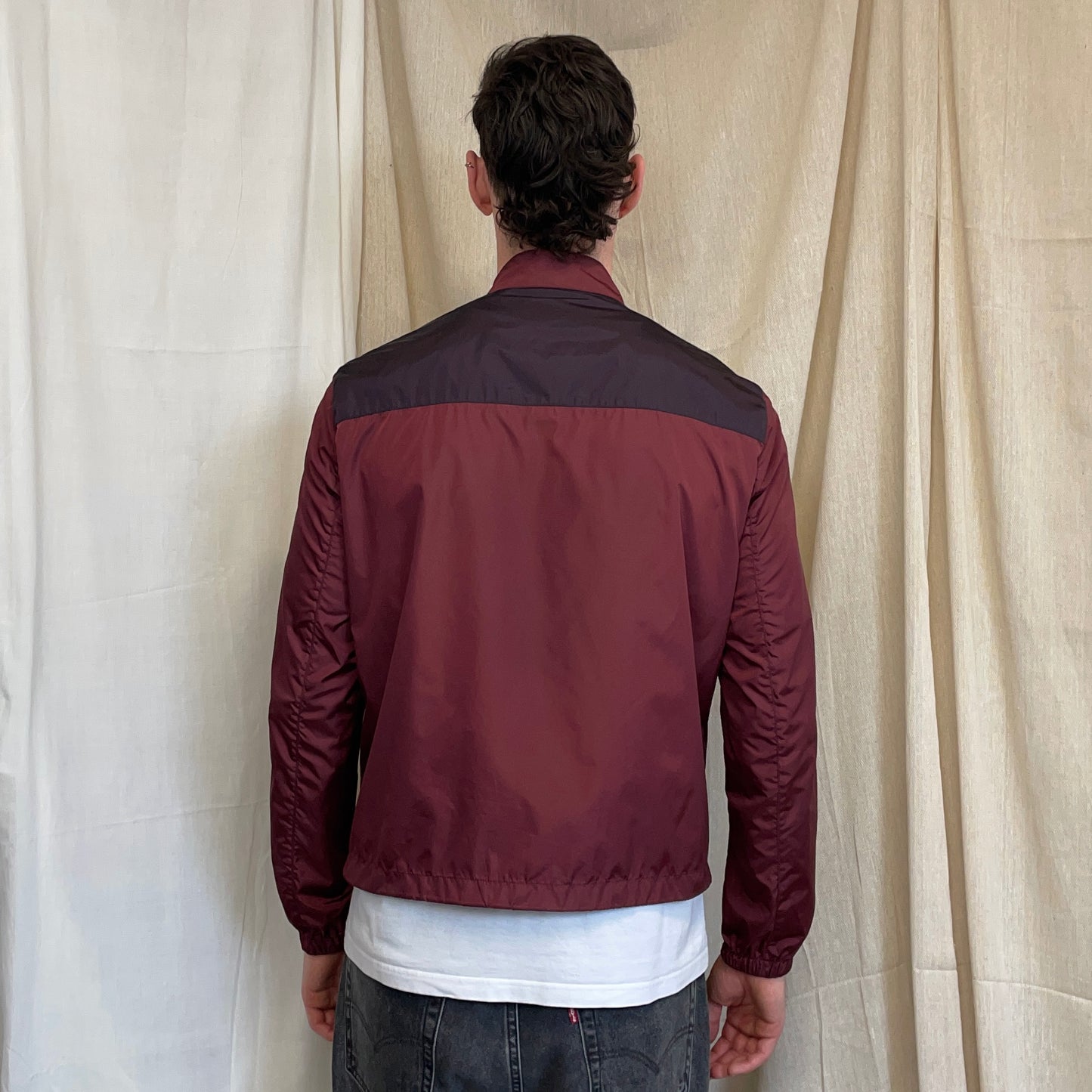 Prada Milano Mainline Burgundy 2013 Plaque Nylon Leather Trim Track Jacket