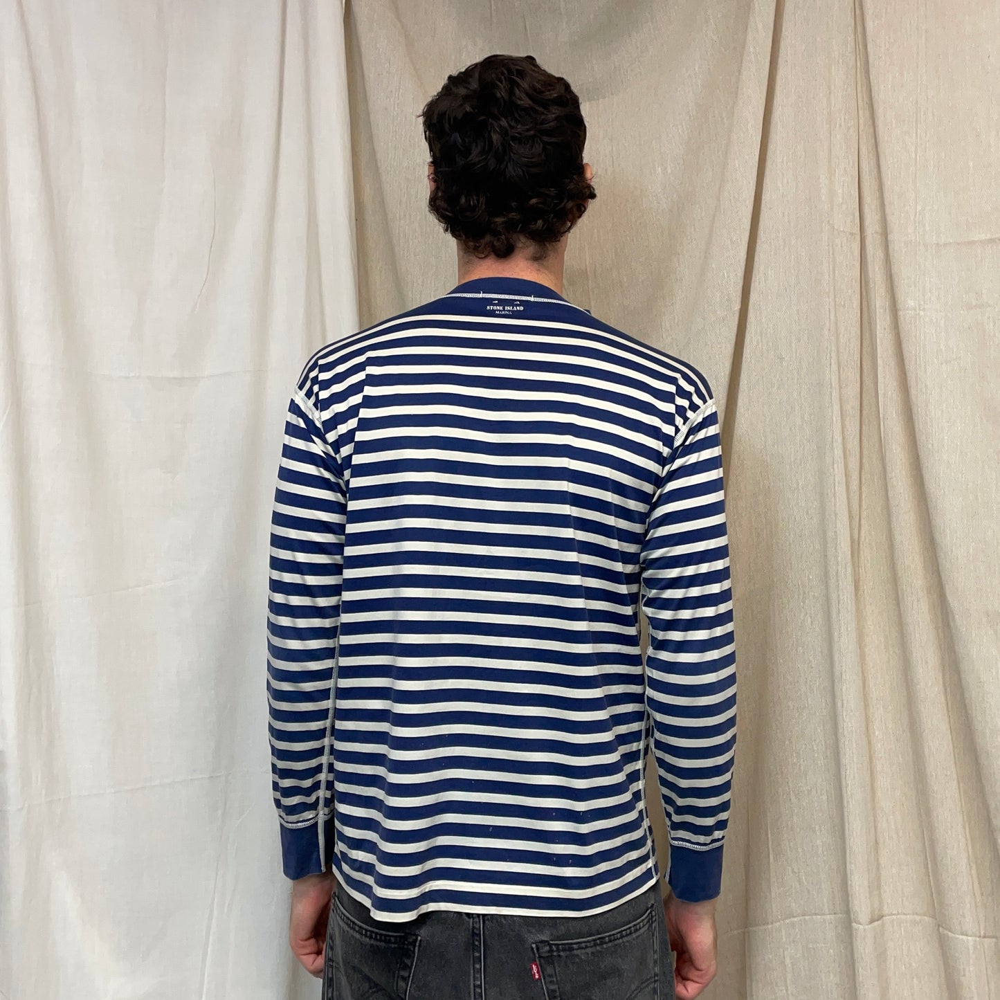Stone Island Marina Navy & White 80s Striped Long Sleeve Spellout Tee