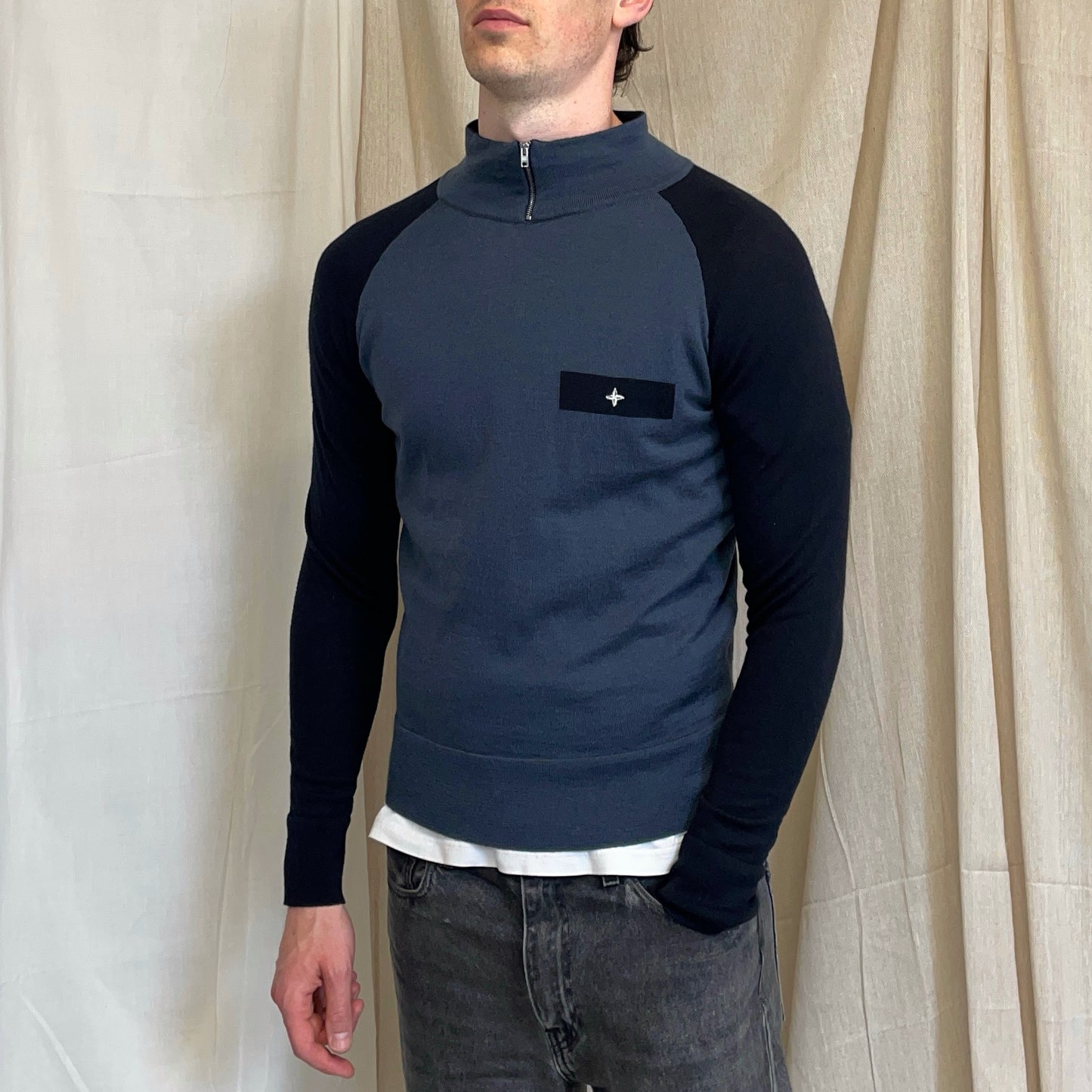 Stone Island Denims Blue & Navy AW03 Wool Zip Collar Knit Jumper