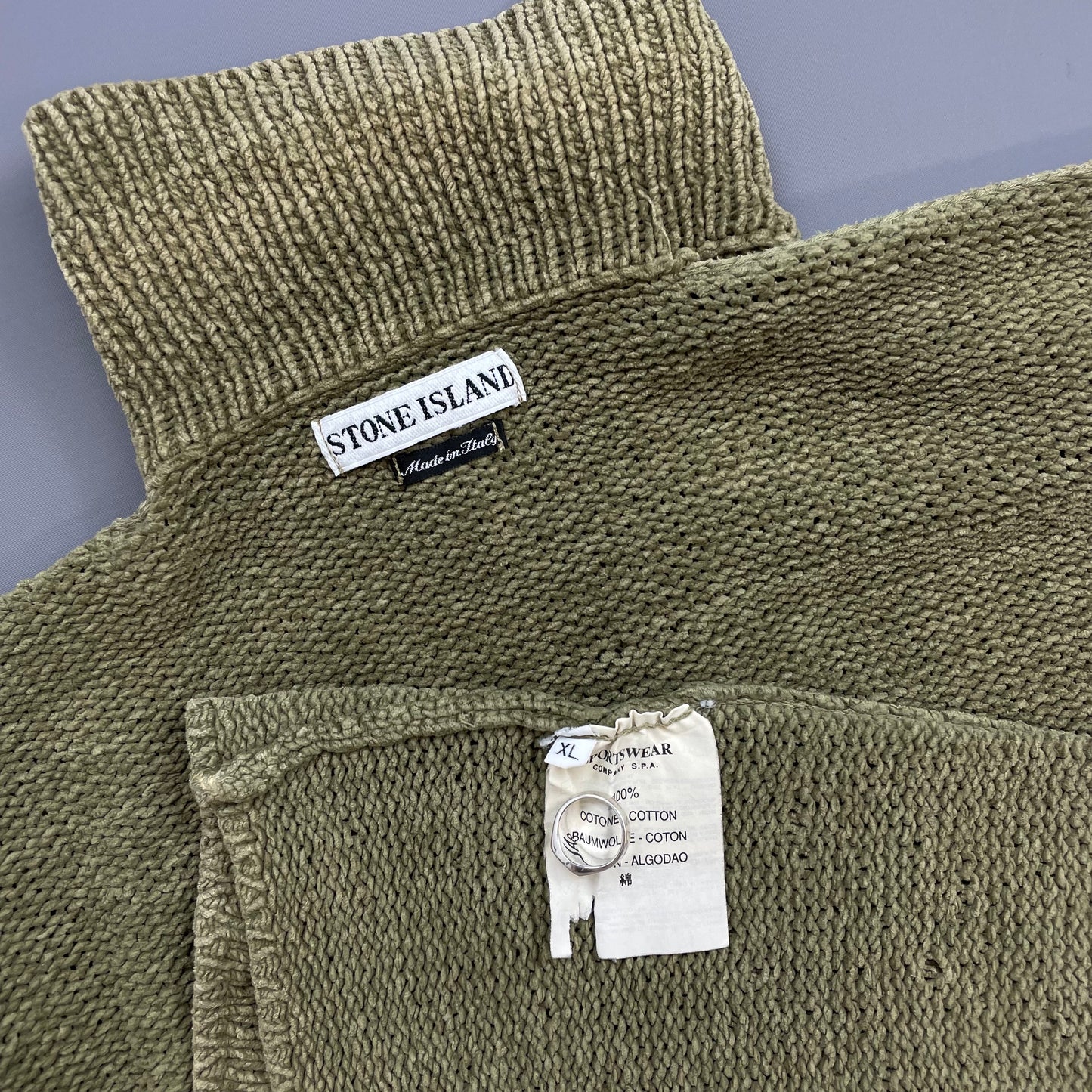 Stone Island Light Brown SS98 Chenille Knit Green Edge Badge Jumper