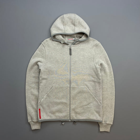 Prada Sport Grey 2006 Technical Wool Knit Spellout Zip-Through Hooded Jacket