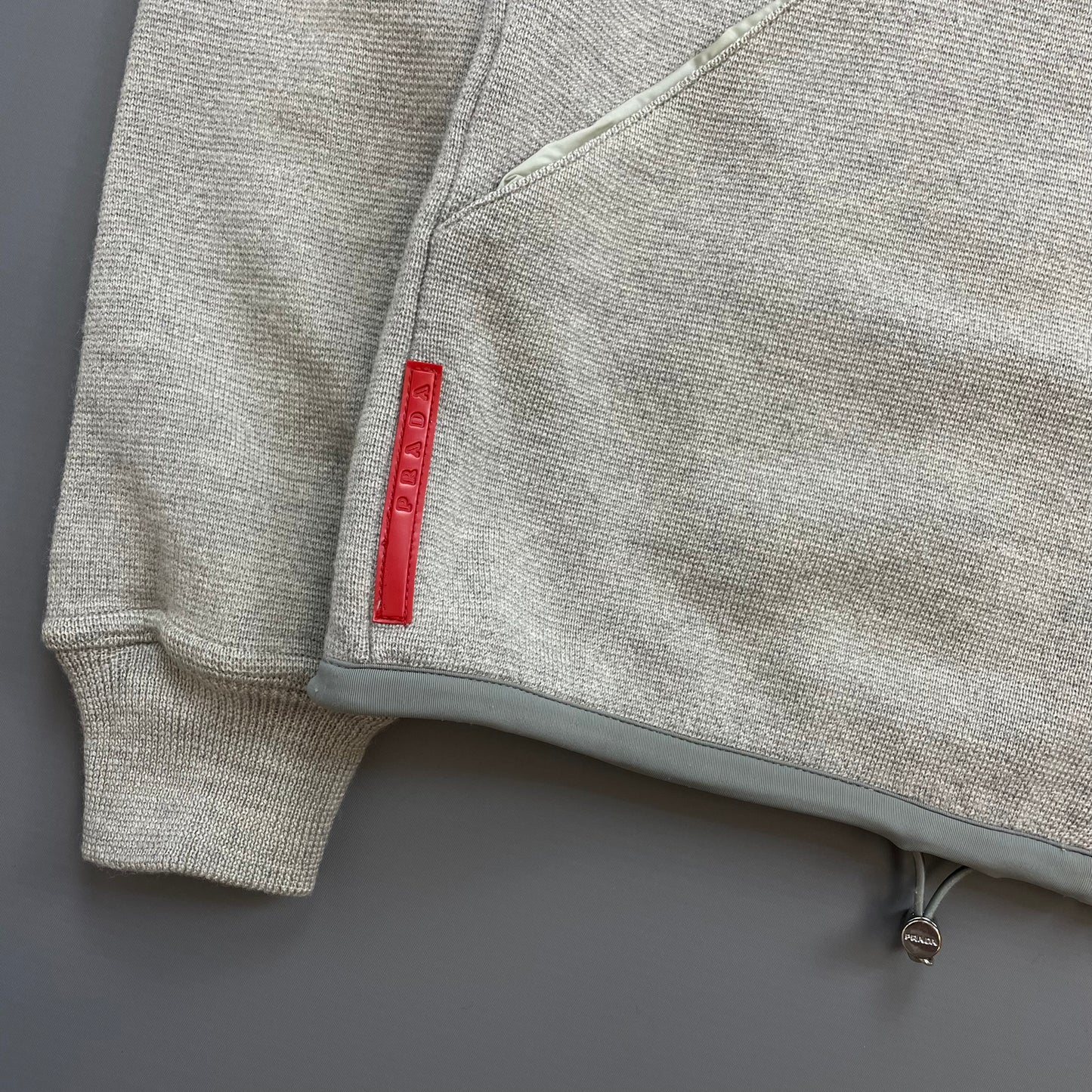 Prada Sport Grey 2006 Technical Wool Knit Spellout Zip-Through Hooded Jacket