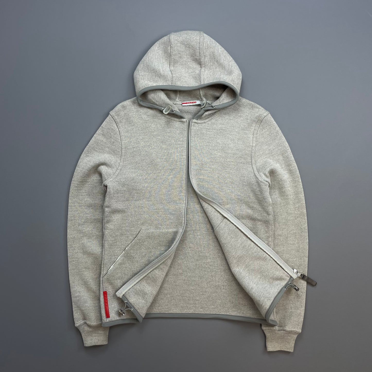 Prada Sport Grey 2006 Technical Wool Knit Spellout Zip-Through Hooded Jacket