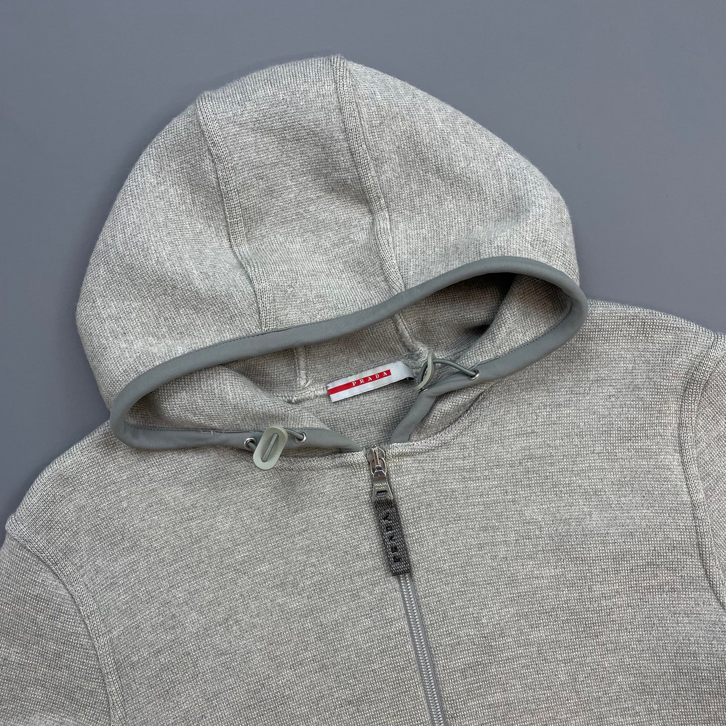 Prada Sport Grey 2006 Technical Wool Knit Spellout Zip-Through Hooded Jacket