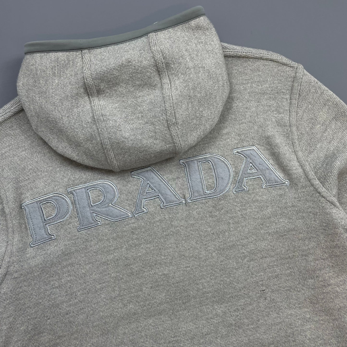 Prada Sport Grey 2006 Technical Wool Knit Spellout Zip-Through Hooded Jacket