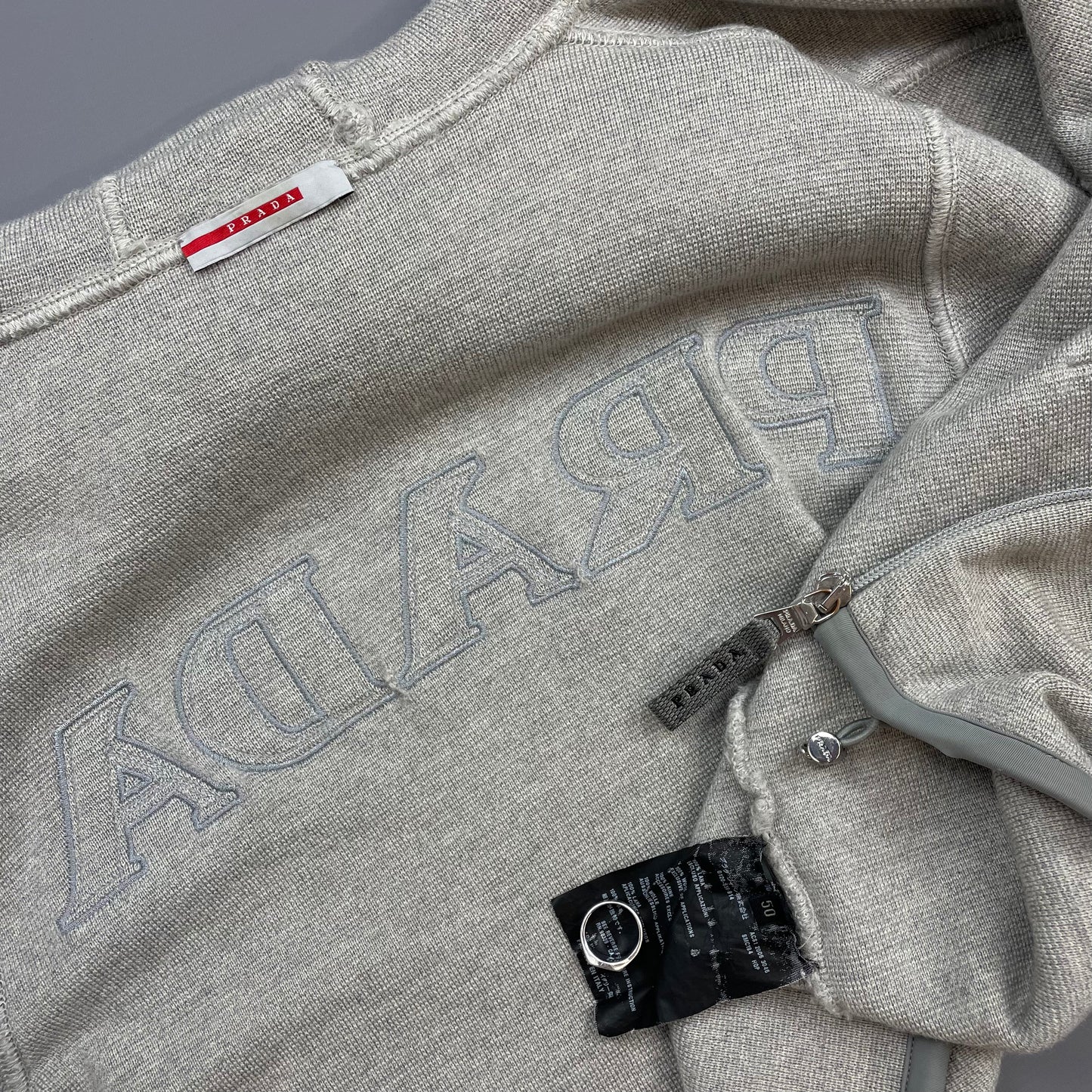 Prada Sport Grey 2006 Technical Wool Knit Spellout Zip-Through Hooded Jacket