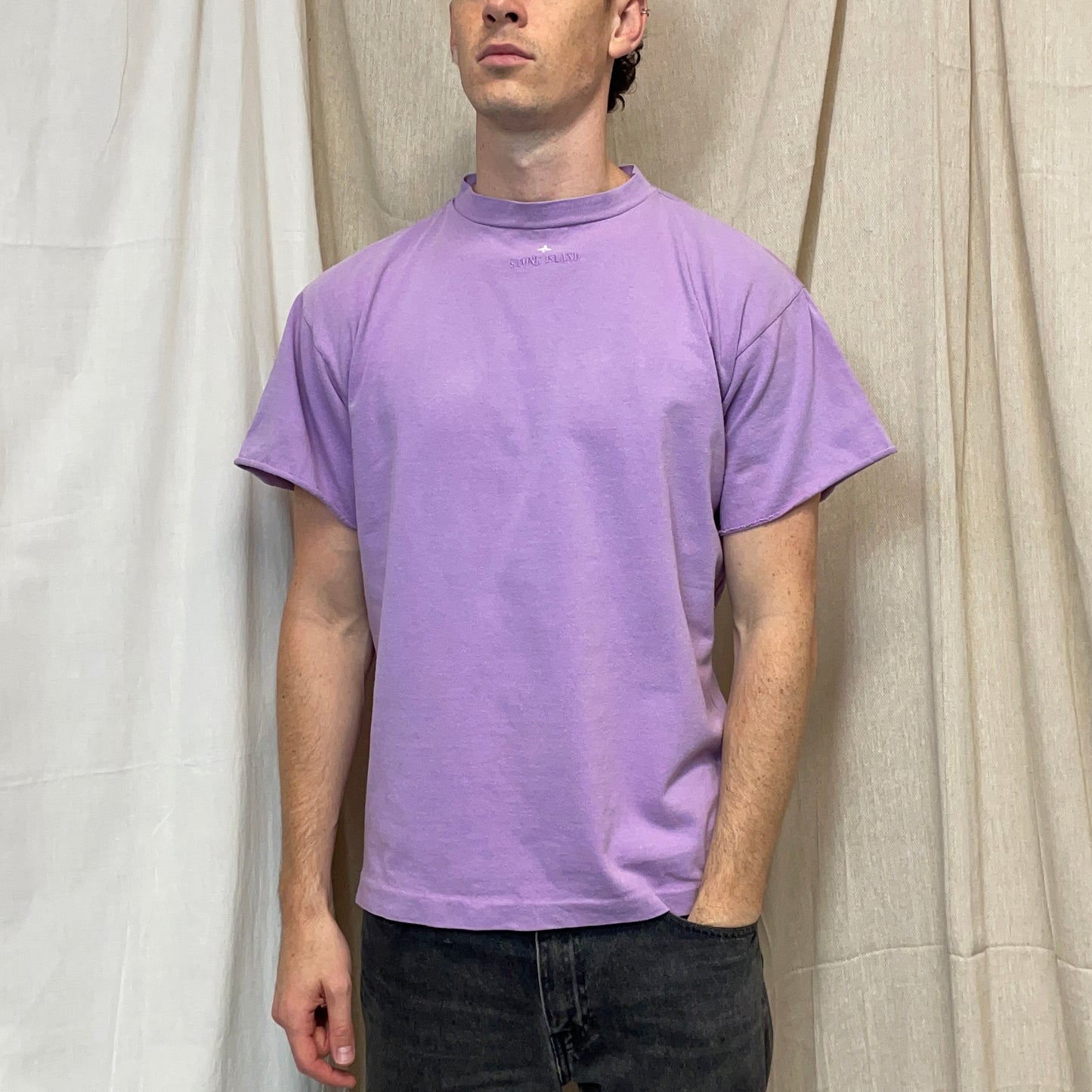 Stone Island Purple 80s Collar Spellout Cotton T-Shirt