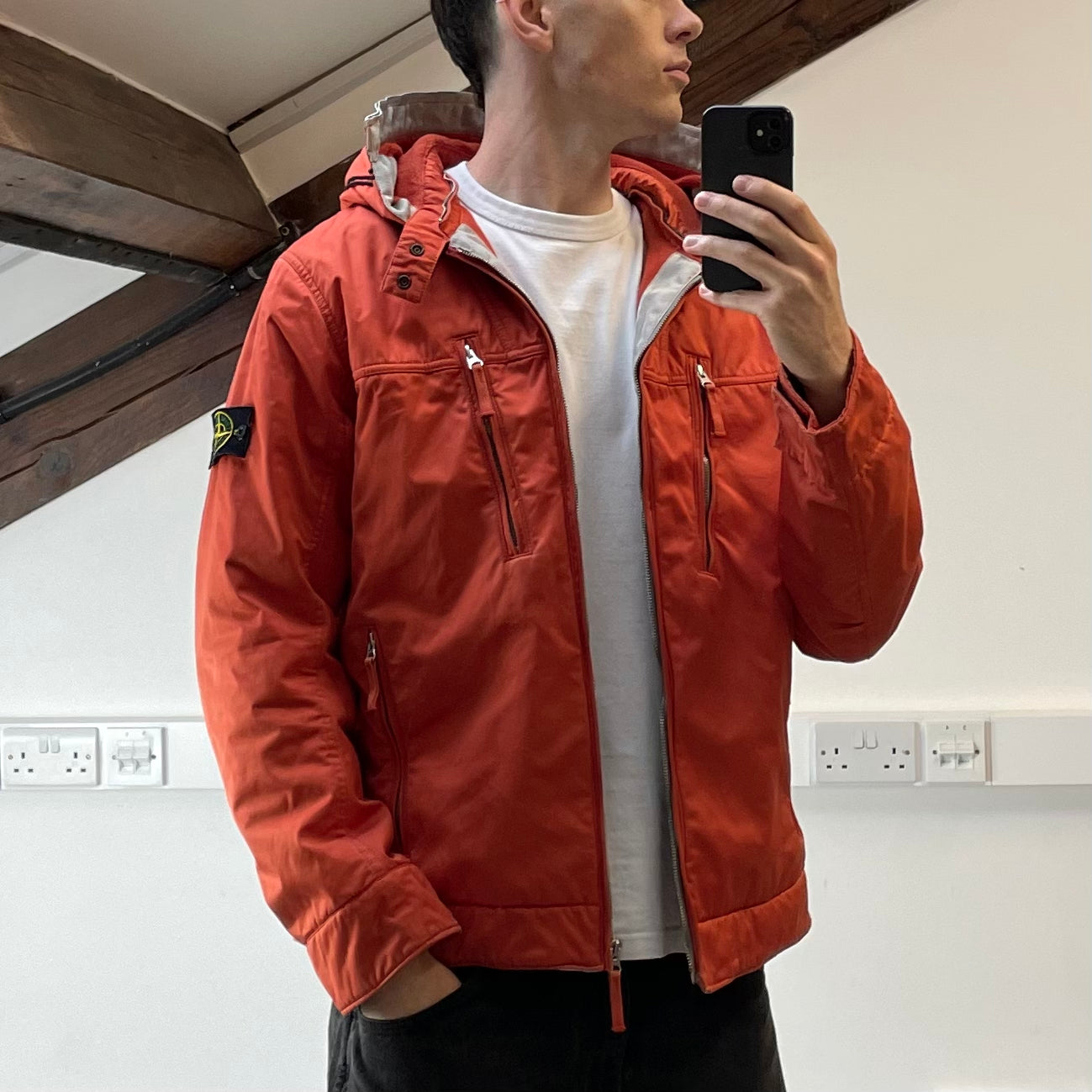 Stone Island Orange Raso Gommato Adjustable Hooded Jacket AW10