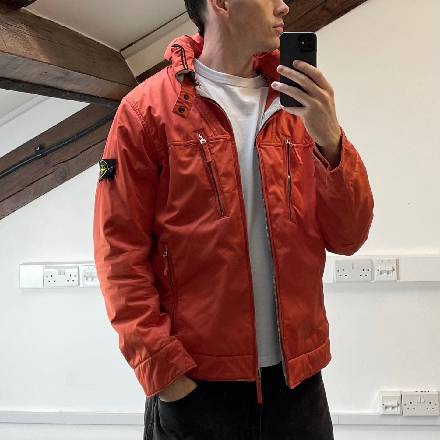 Stone Island Orange Raso Gommato Adjustable Hooded Jacket AW10