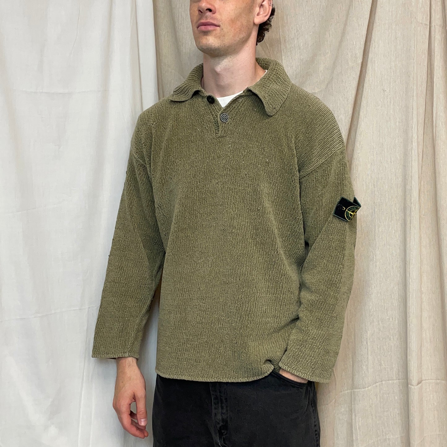 Stone Island Light Brown SS98 Chenille Knit Green Edge Badge Jumper