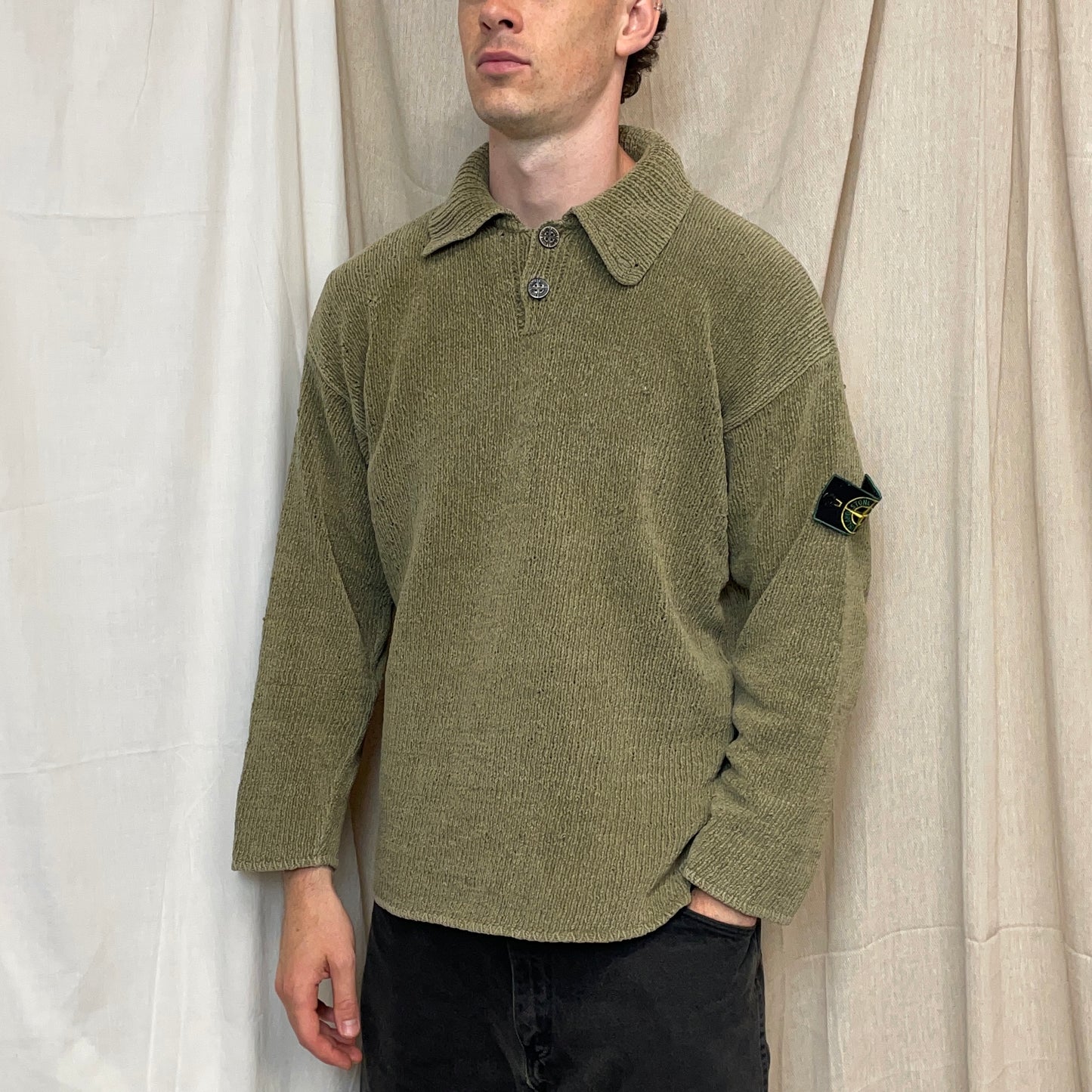Stone Island Light Brown SS98 Chenille Knit Green Edge Badge Jumper
