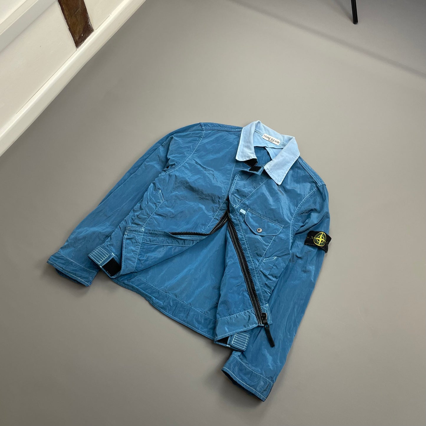 Stone Island Blue SS04 Nylon Metal Two-Tone Lightweight Trucker Jacket