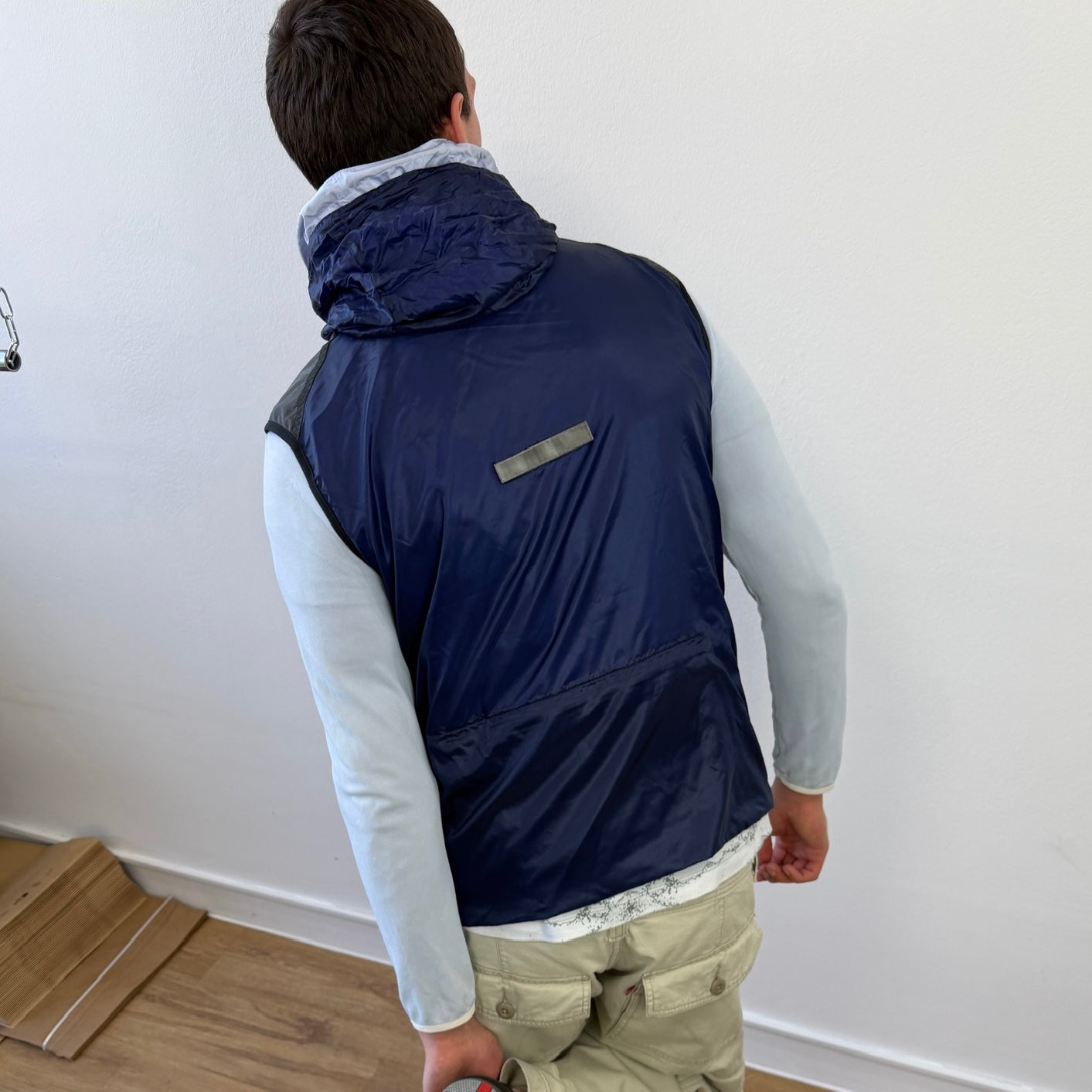 Prada Sport Grey & Blue SS00 Runway Gel Seam Concealed Hood Vest