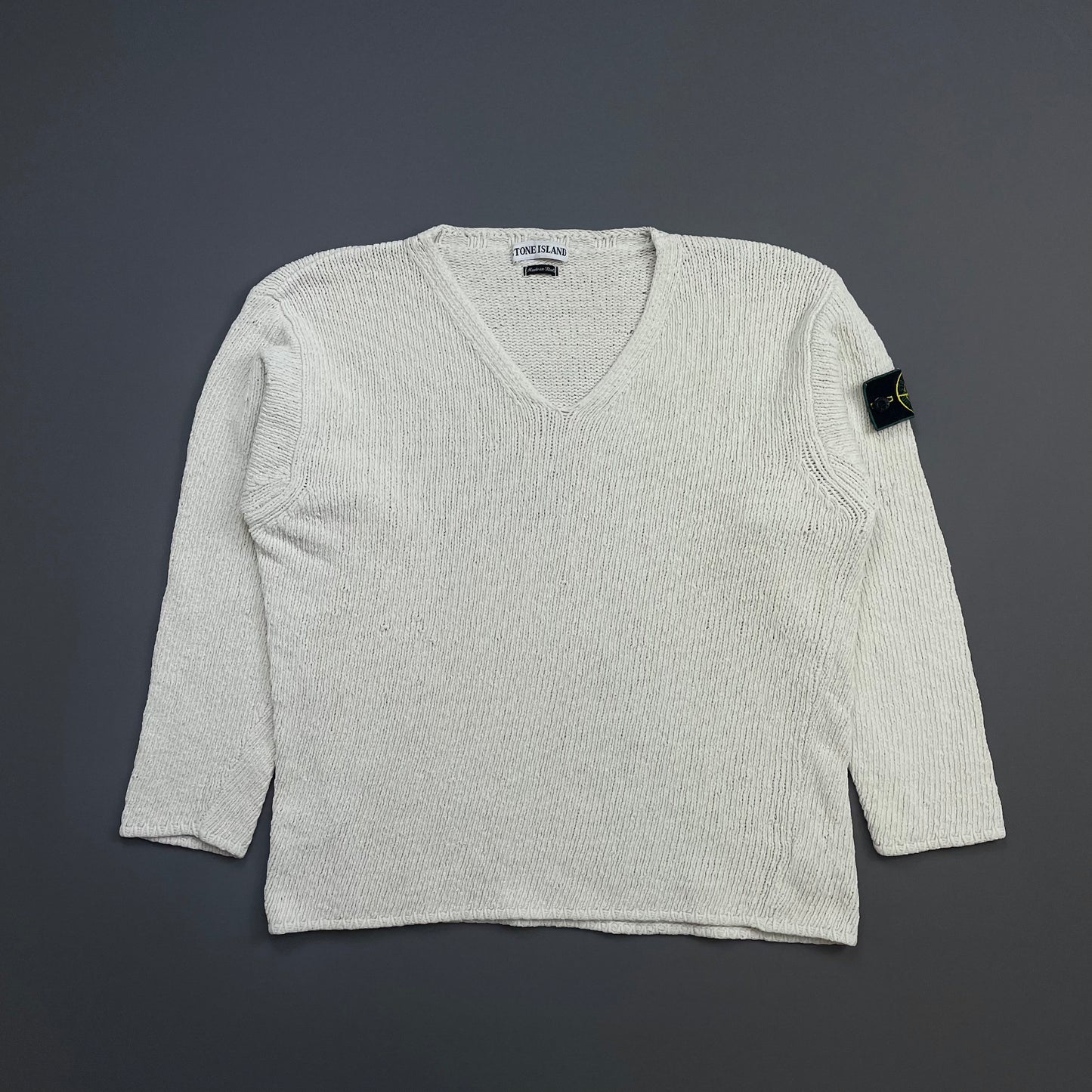 Stone Island White SS96 Chenille Knit Scoop Neck Green Edge Badge Jumper