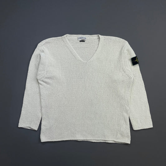 Stone Island White SS96 Chenille Knit Scoop Neck Green Edge Badge Jumper
