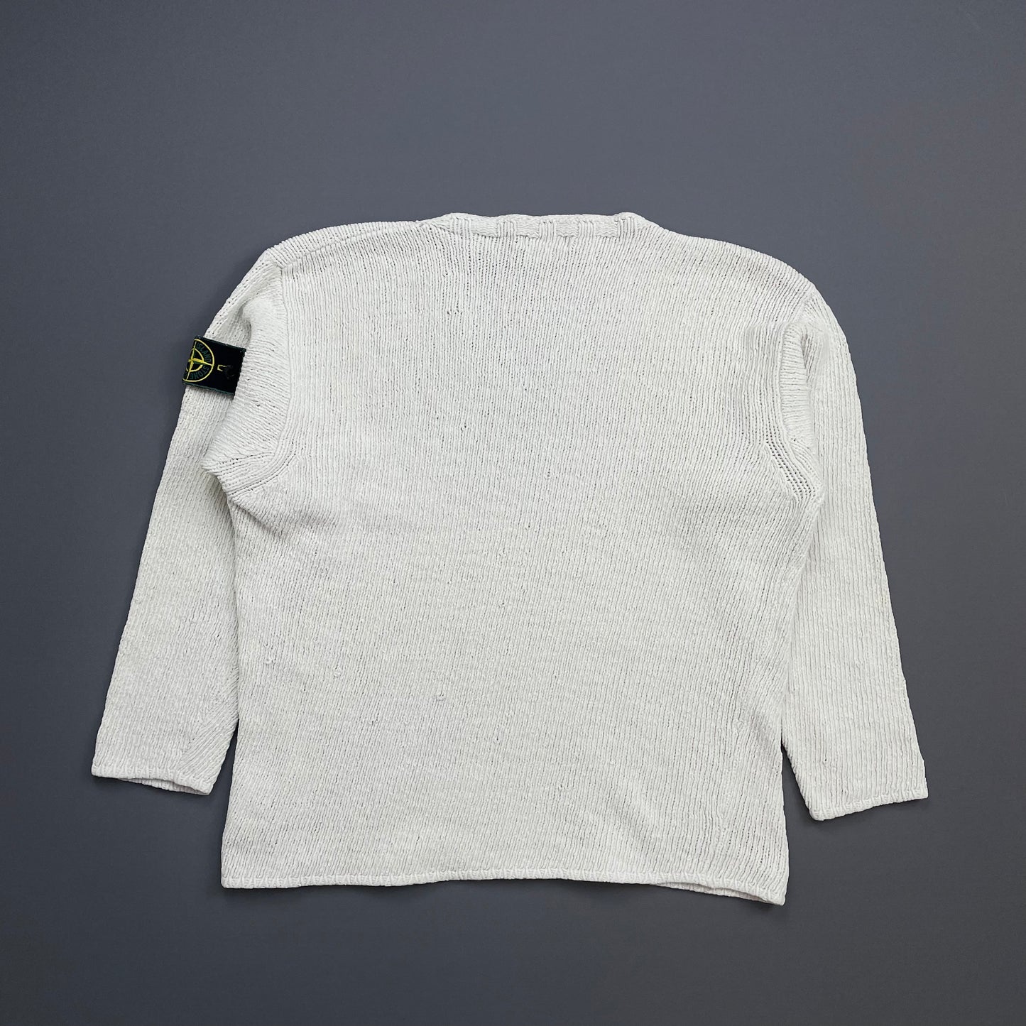 Stone Island White SS96 Chenille Knit Scoop Neck Green Edge Badge Jumper