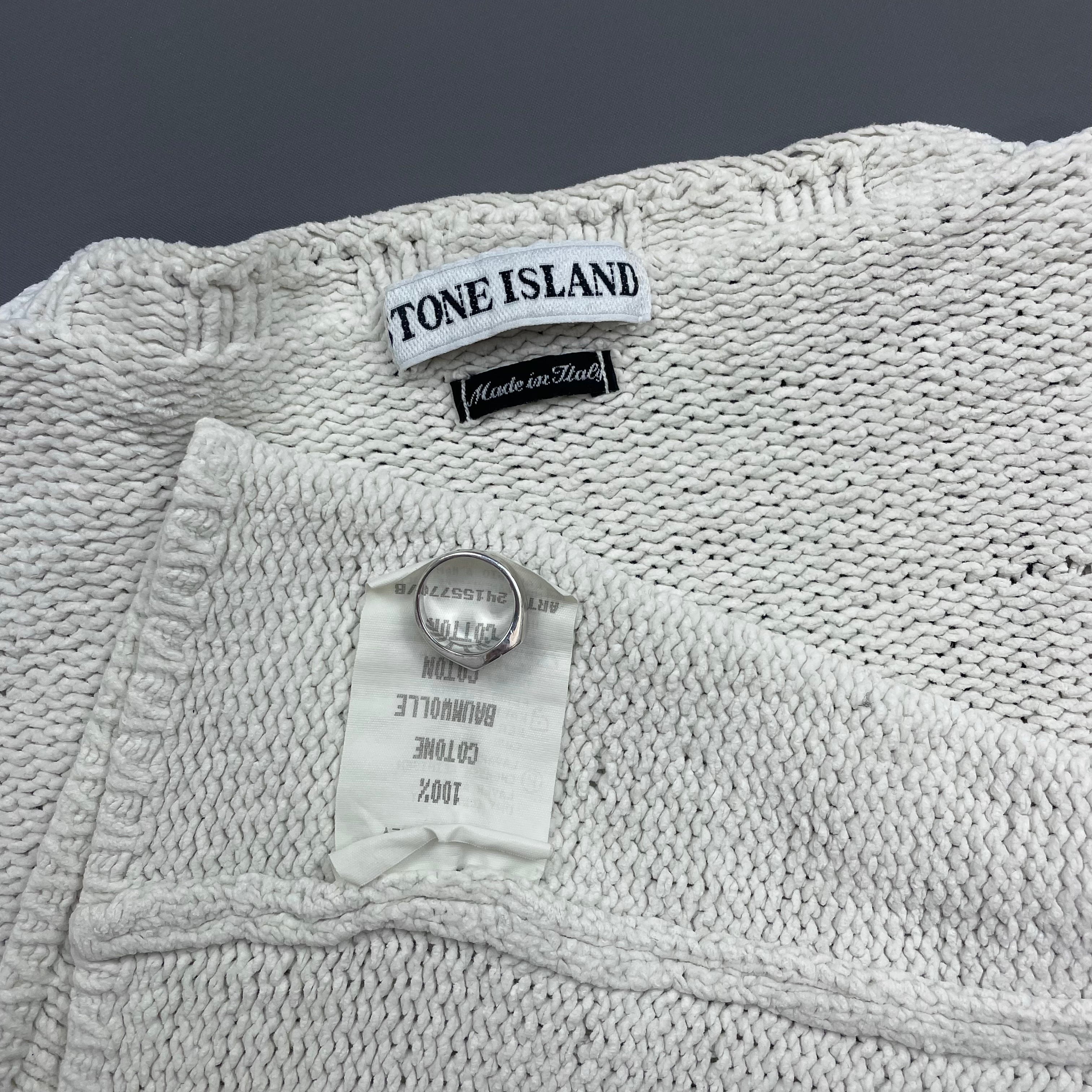 Stone Island White SS96 Chenille Knit Scoop Neck Green Edge Badge