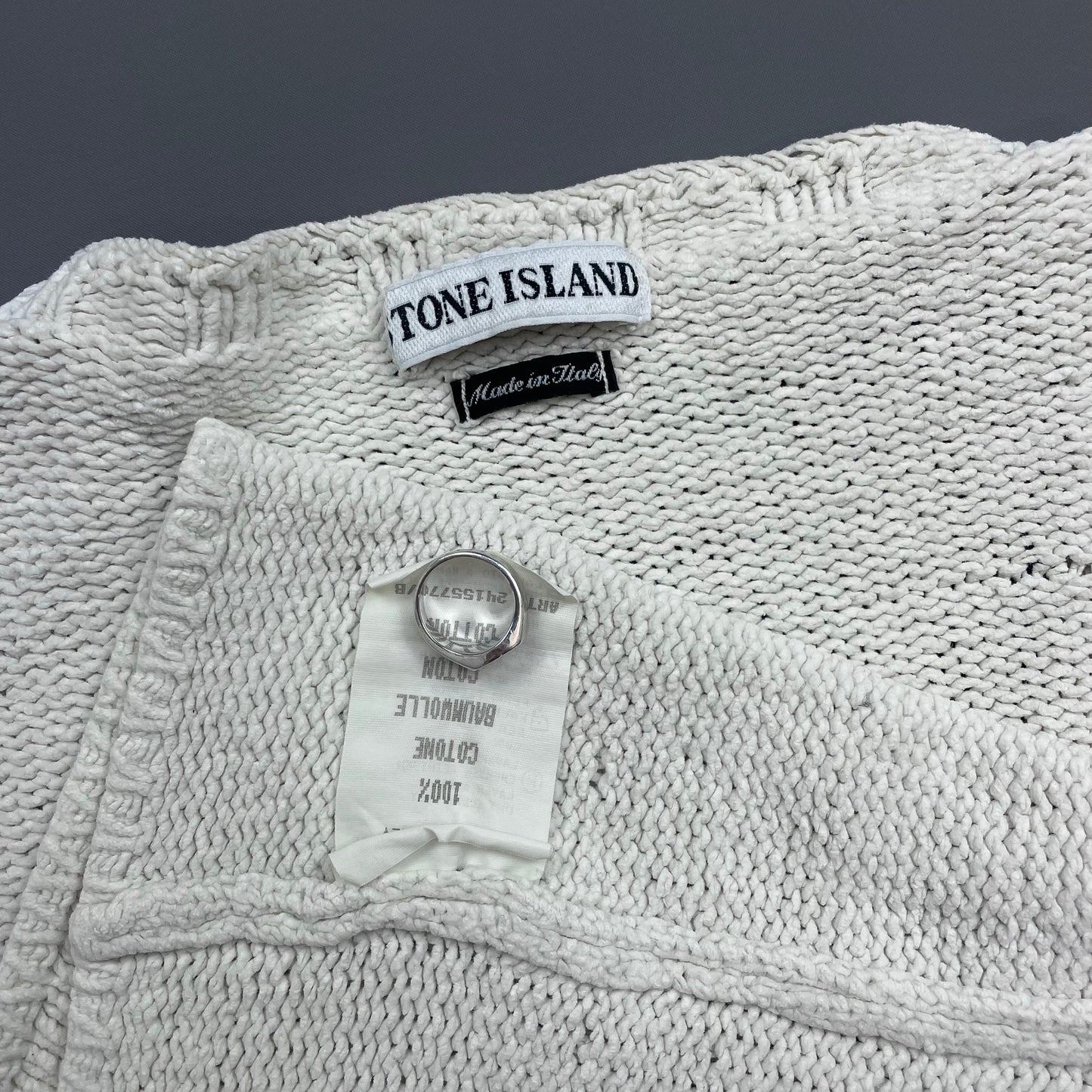 Stone Island White SS96 Chenille Knit Scoop Neck Green Edge Badge Jumper
