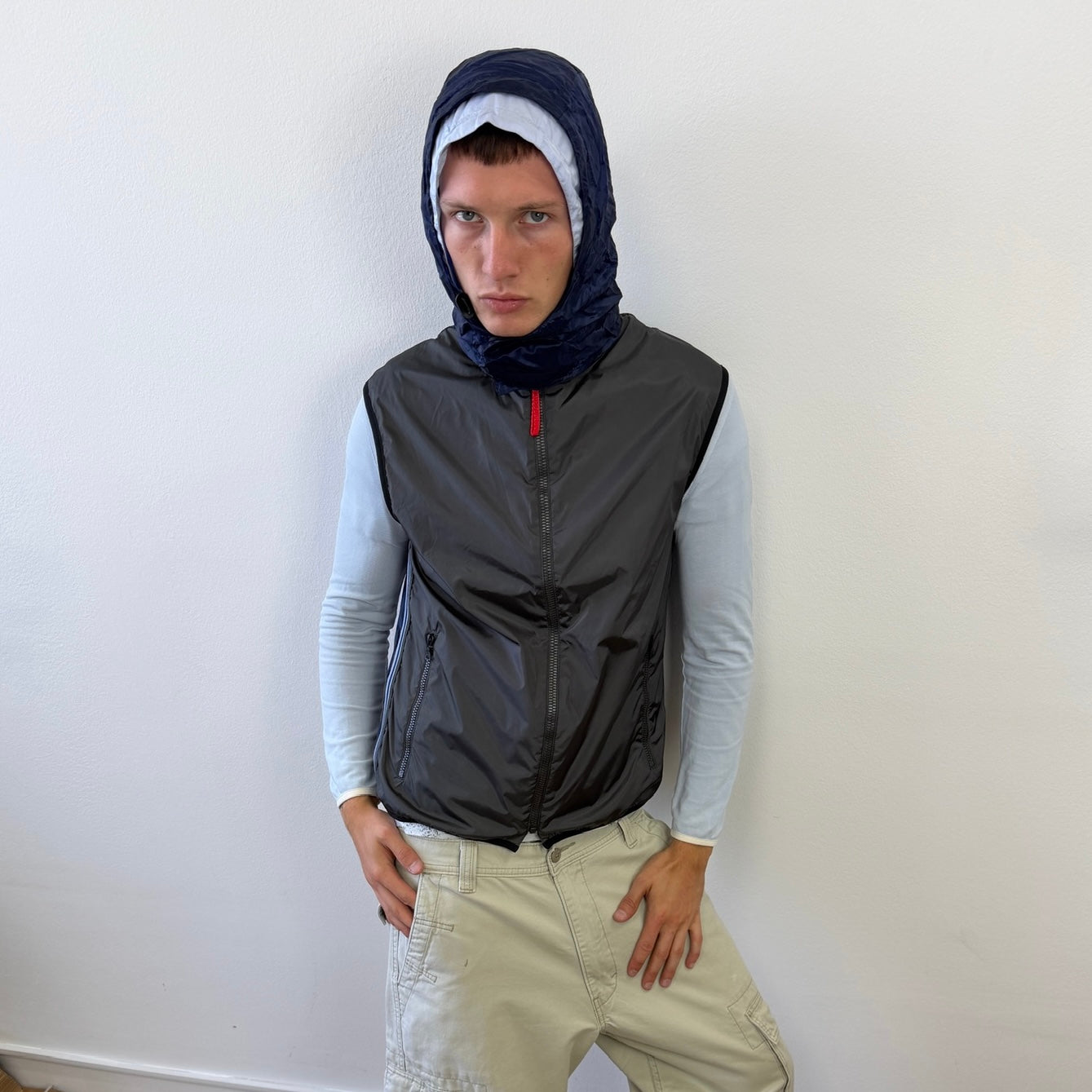 Prada Sport Grey & Blue SS00 Runway Gel Seam Concealed Hood Vest