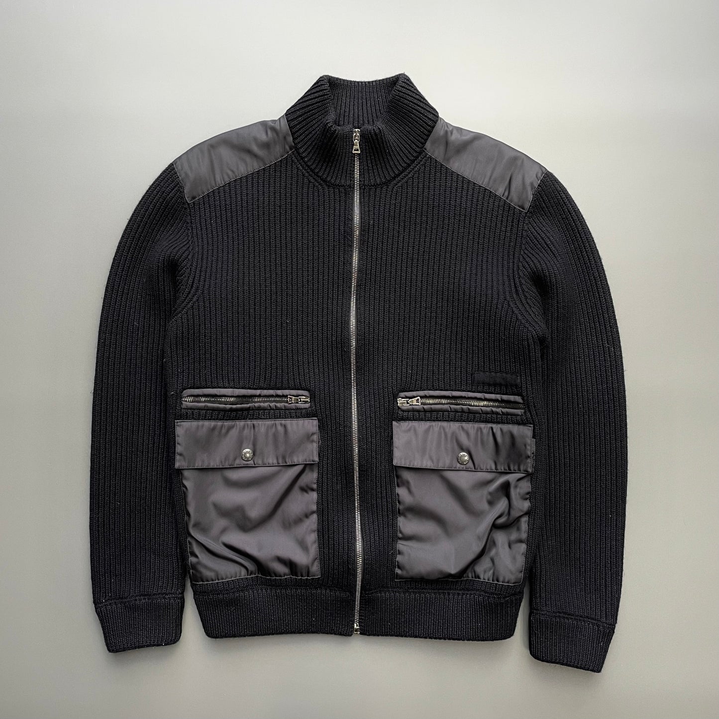Prada Navy 2010 Wool & Nylon Panelled Knit Cardigan Jacket