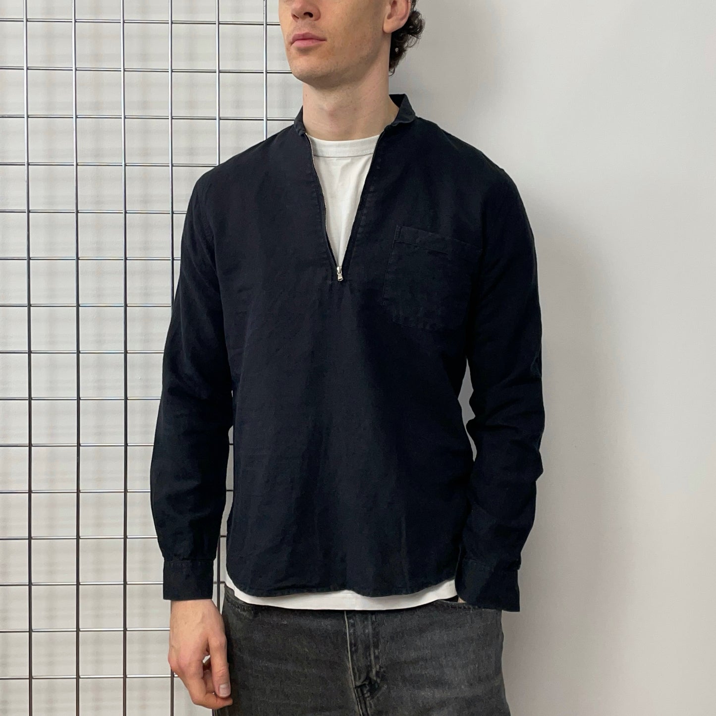 Our Legacy Black Linen Blend Shawl Half Zip Shirt
