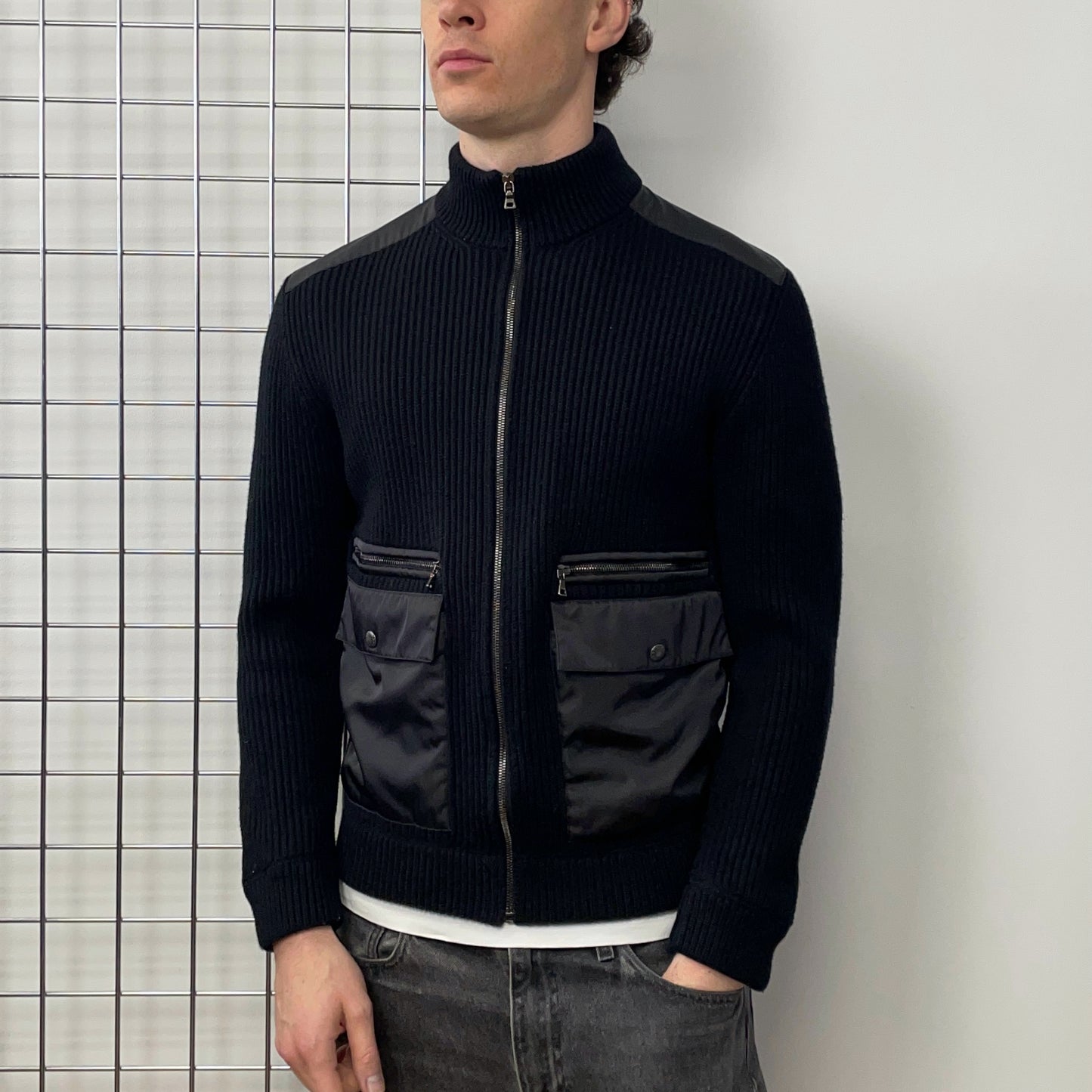 Prada Navy 2010 Wool & Nylon Panelled Knit Cardigan Jacket