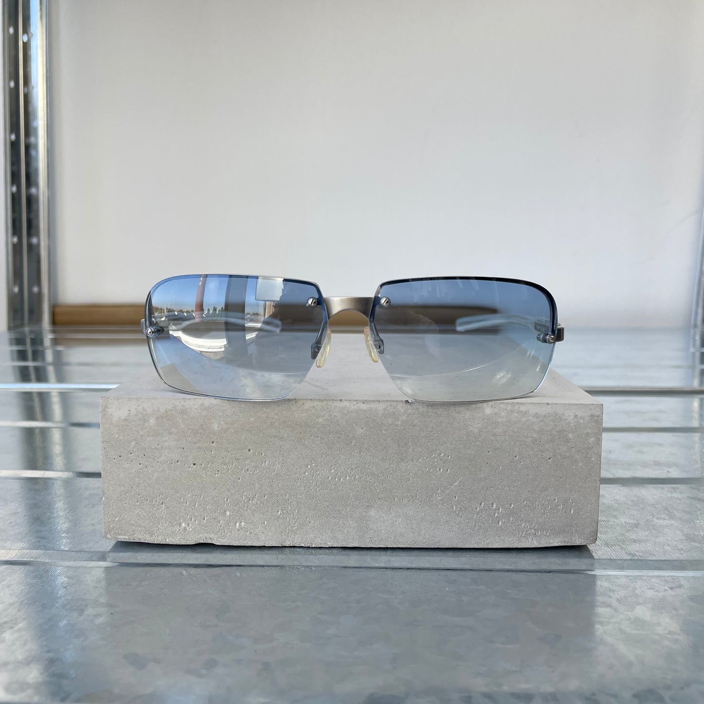 Prada Blue & Silver 00s Metal Frame Rimless Sunglasses