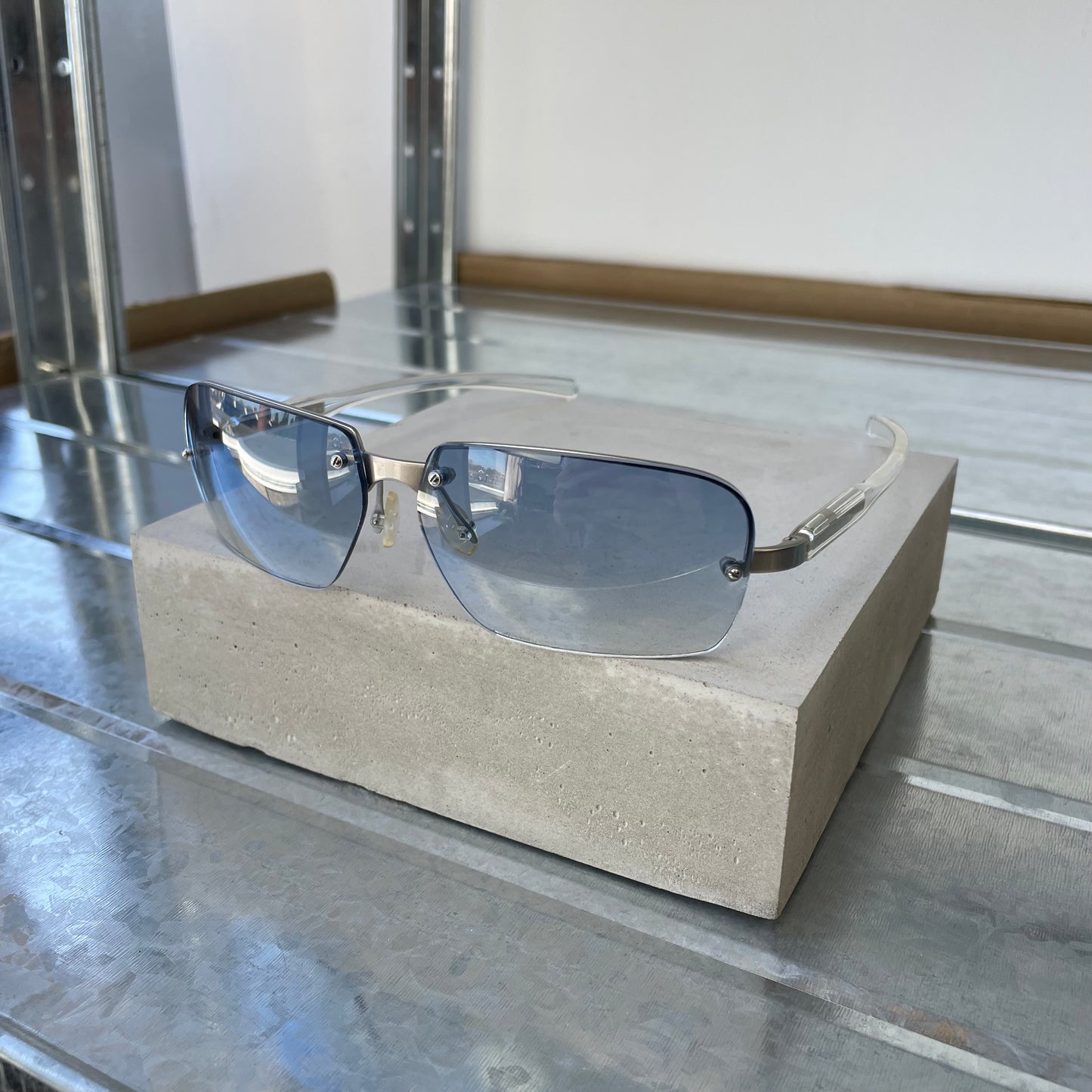 Prada Blue & Silver 00s Metal Frame Rimless Sunglasses