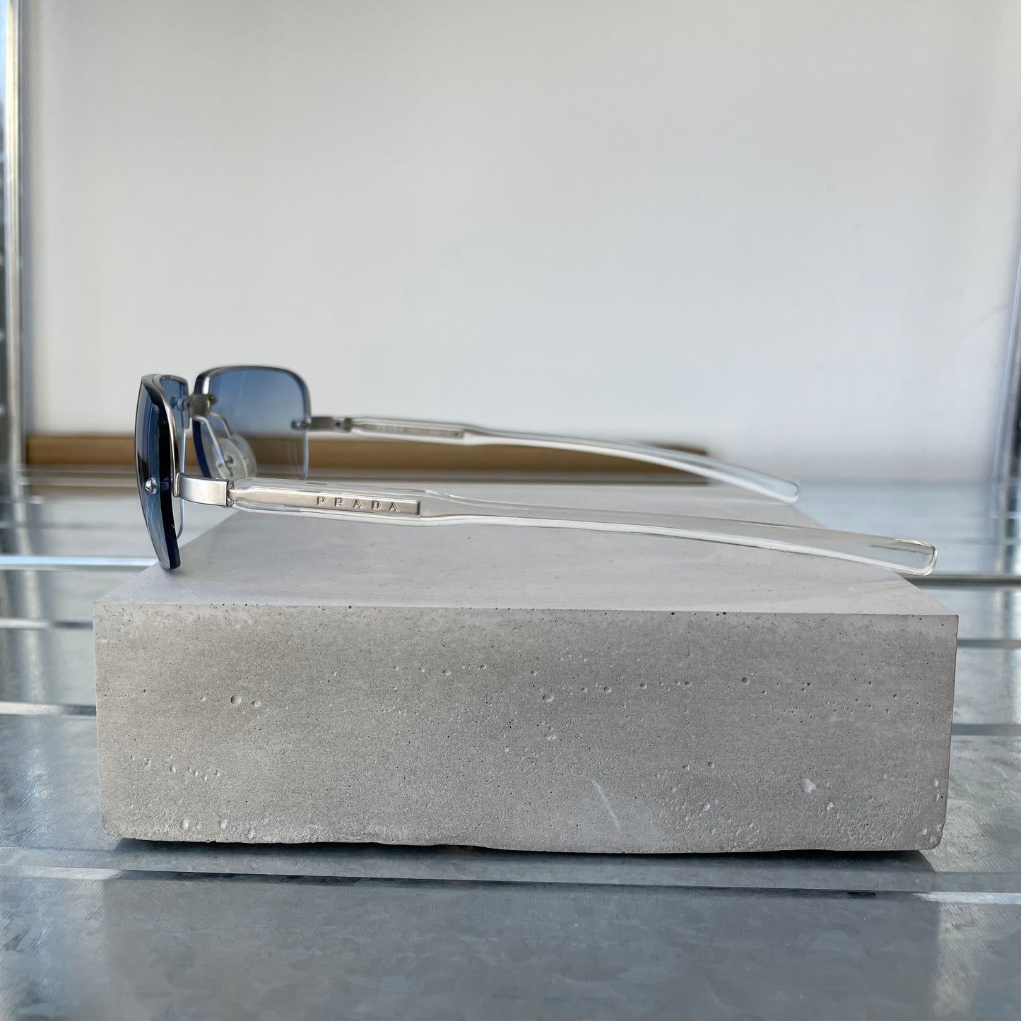 Prada Blue & Silver 00s Metal Frame Rimless Sunglasses