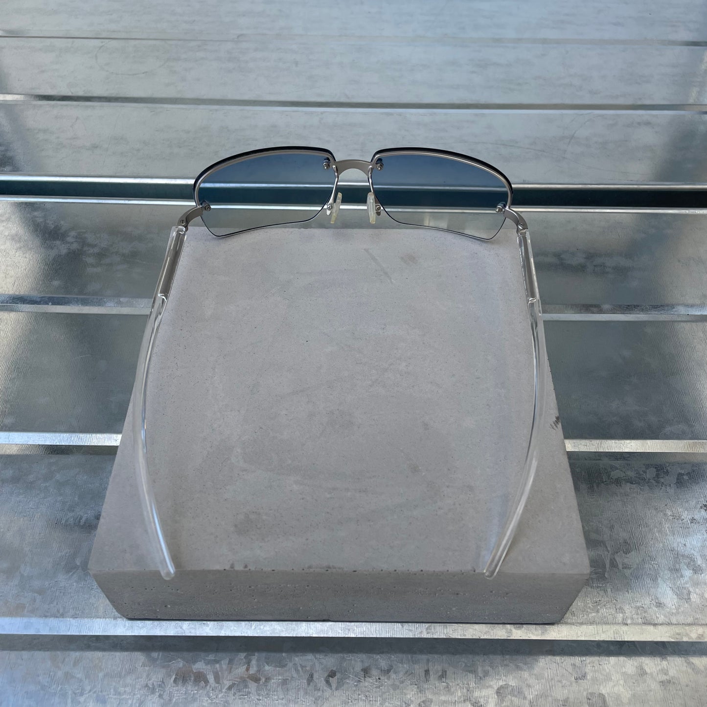 Prada Blue & Silver 00s Metal Frame Rimless Sunglasses