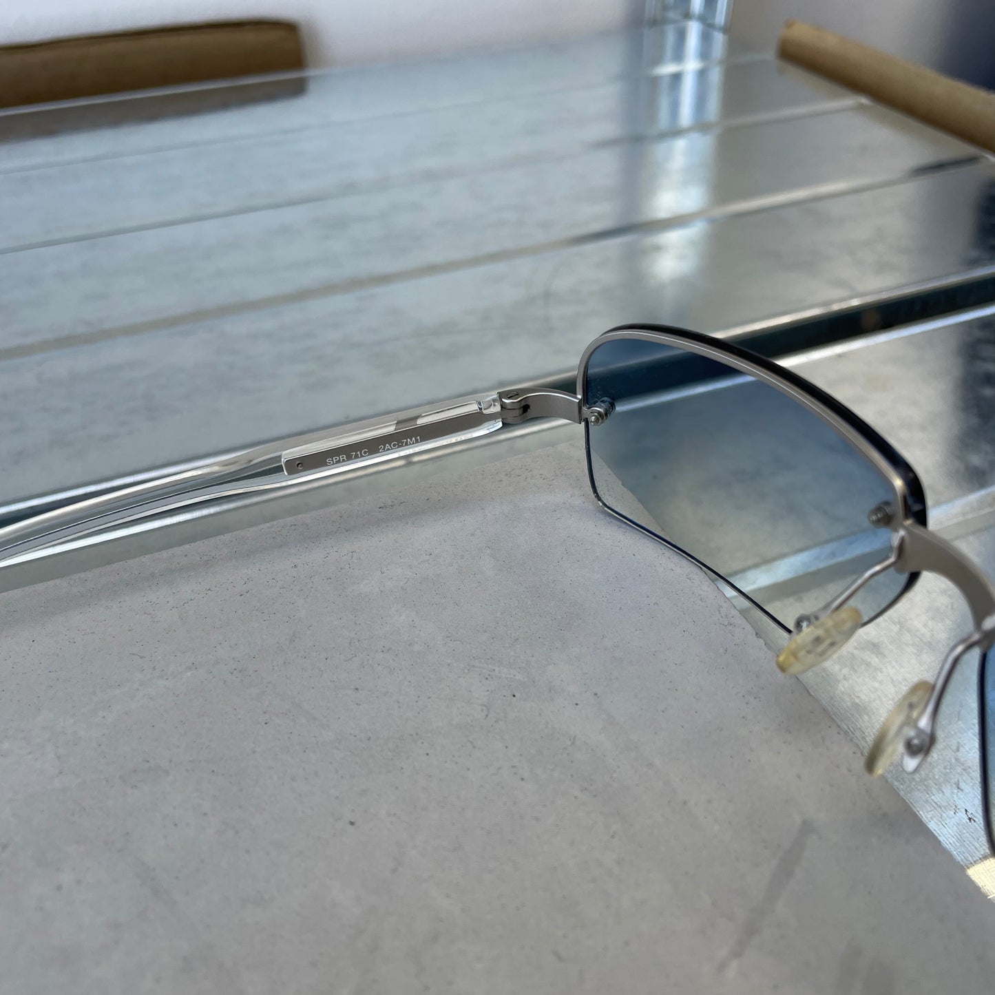 Prada Blue & Silver 00s Metal Frame Rimless Sunglasses