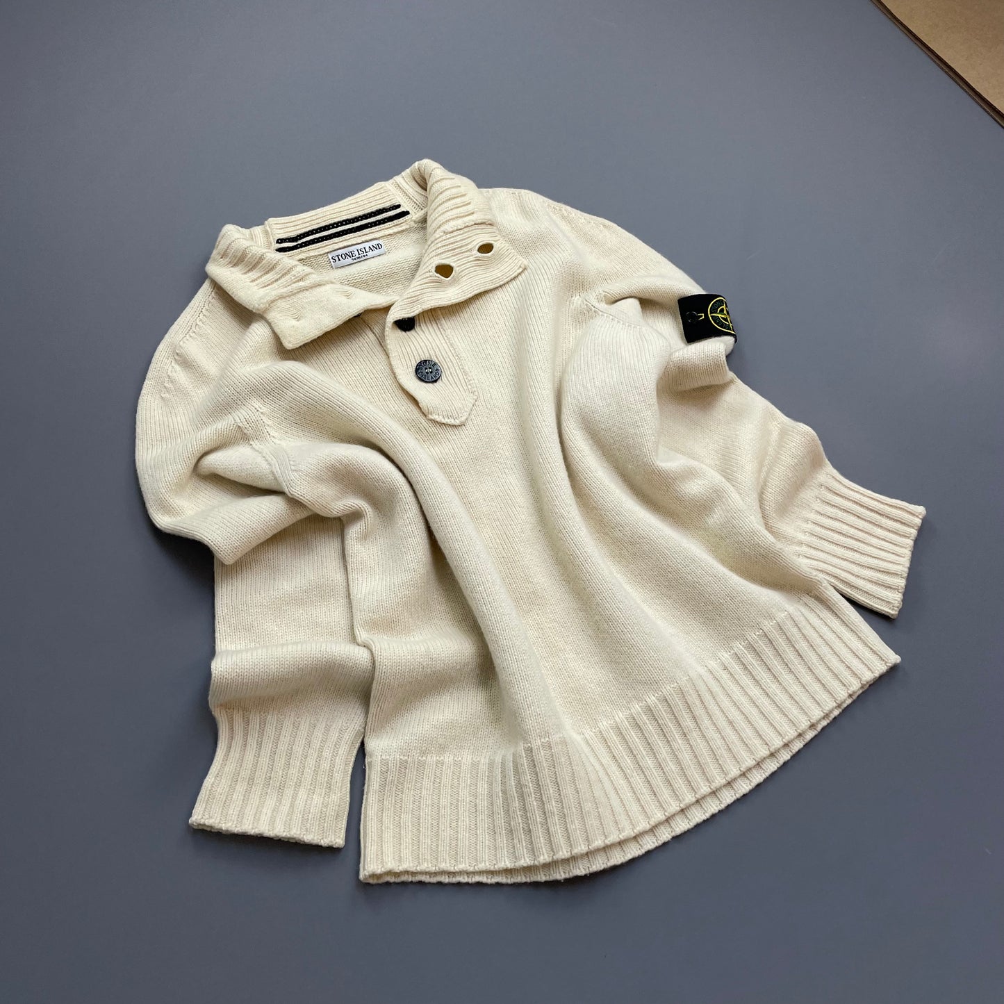Stone Island Cream AW08 Button Collar Wool Knit Jumper