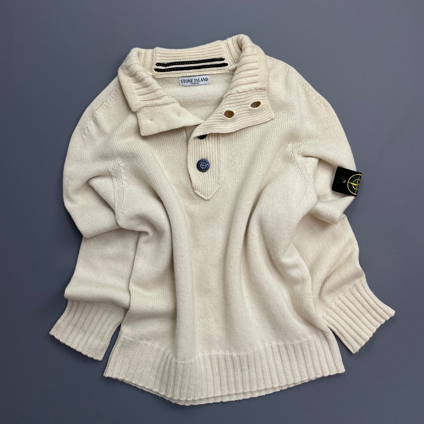 Stone Island Cream AW08 Button Collar Wool Knit Jumper
