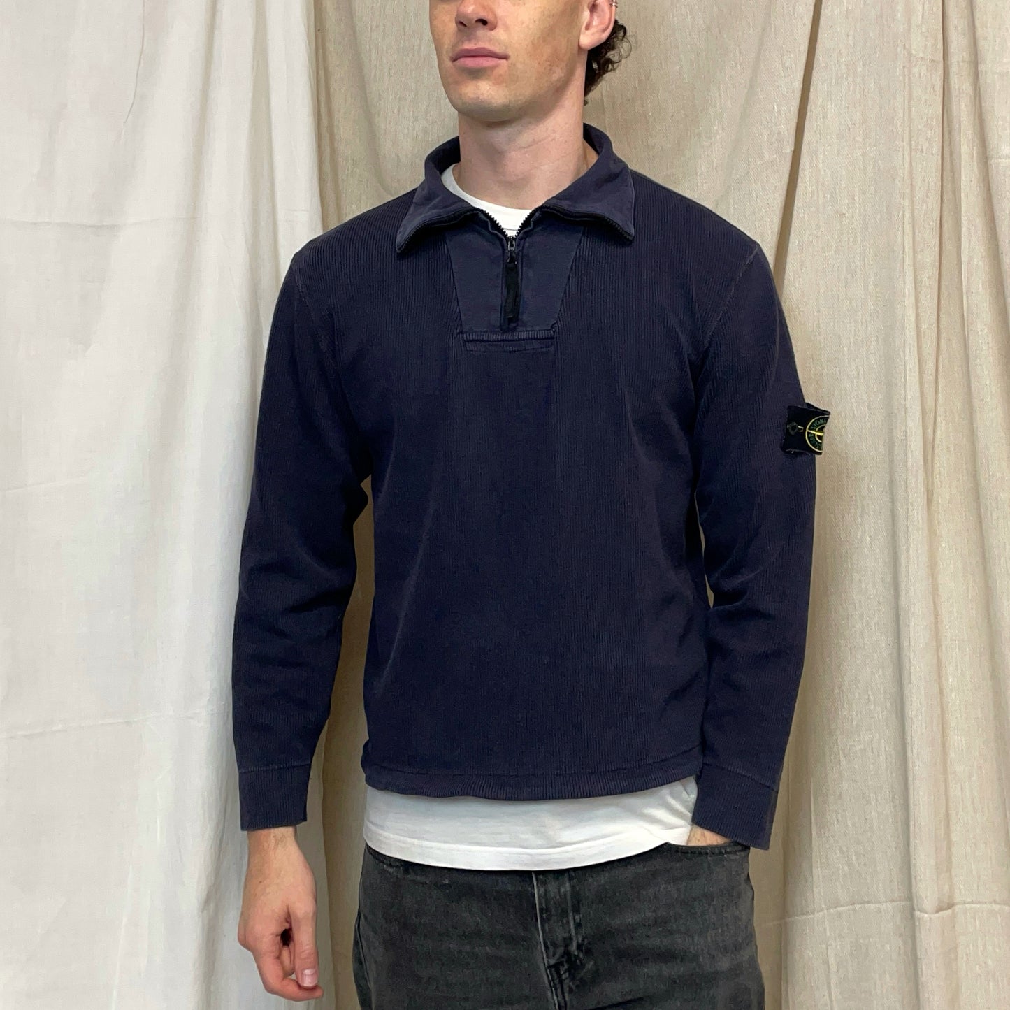 Stone Island Dark Blue SS00 Cotton/Nylon Ribbed Half-Zip Jumper